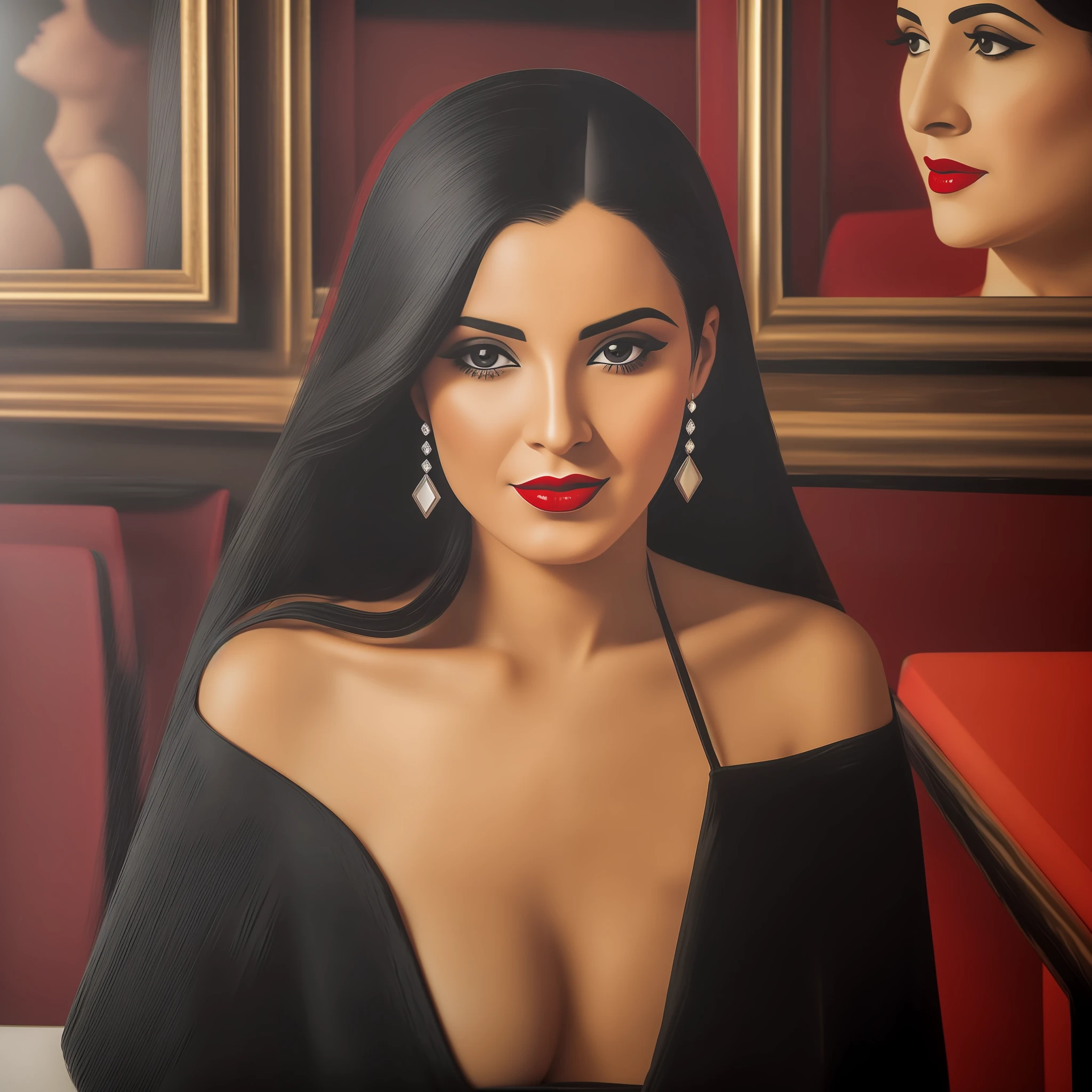 woman with black dress and red lipstick in a restaurant, by Nándor Katona, realistic photo, inspired by Antônio Parreiras, inspired by Maria Helena Vieira da Silva, Emma Ríos, inspired by Almada Negreiros, woman of 30 years, woman of 3 0 years