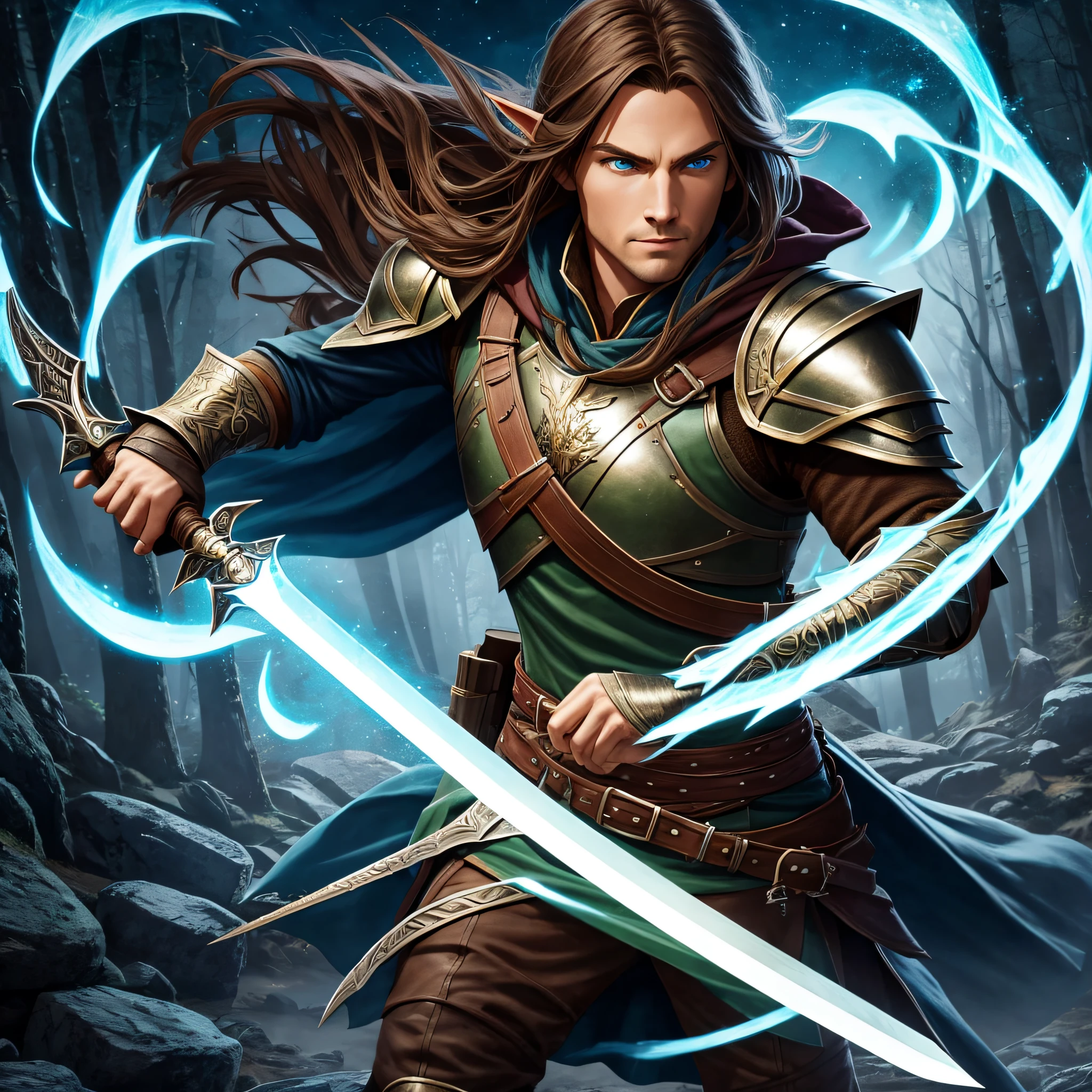 portrait of a full body, half elf, wearing leather armor, hd 4k, green cloak, shoulder length brown hair, brown stubble, blue eyes, holding a short sword, dragonlance setting, dnd, bladesinger, s in a stary night, in fantasy magical forest, casting a spell, epic fantasy style art 4k, epic fantasy style art ,4k