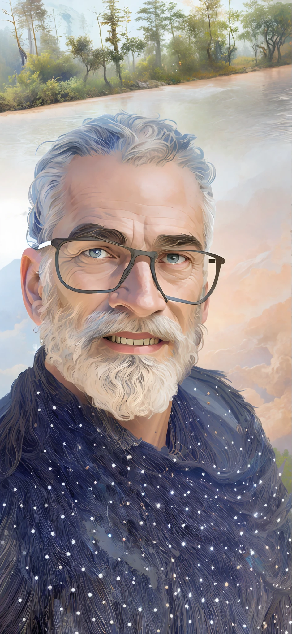 Painted portrait of Rugged Zeus, god of thunder, greek god, gray hair, male, mature, beautiful, upper body, muscular, hairy torso, fantasy, intricate, elegant, highly detailed, digital painting, art station, concept art, smooth, sharp focus, illustration, art by Gaston Bussiere and Alphonse Mucha