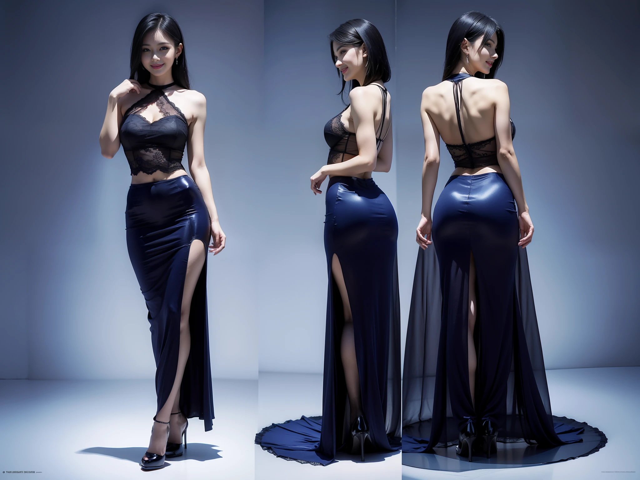 Simple background, (panorama: 1.3), (full body: 1.2), anatomically correct, 1 beautiful woman, (front view | rear view), facing the camera, blue transparent top, short skirt, lace, long legs, high heels, stockings, rainbow hair, smile, high detail, cinematic lighting, UHD, textured skin, super detail, high detail, high quality, high quality, award-winning, best quality, masterpiece