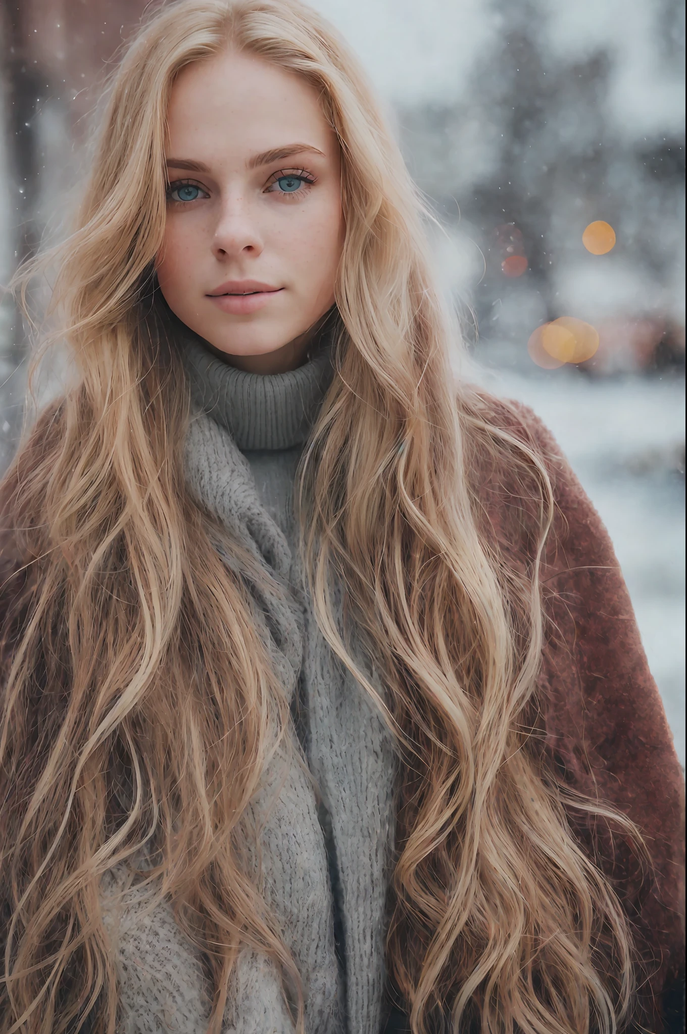 Professional portrait photograph of a beautiful Norwegian girl in winter clothes with long wavy blonde hair, sensual seductive look, (freckles), beautiful symmetrical face, cute natural makeup, wearing elegant and warm winter clothes, ((standing outside on the snowy street of the city)) , stunning modern urban environment, ultra realistic, conceptual art, elegant, highly detailed, Intricate, sharp focus, depth of field, f/1. 8, 85mm, medium plane, medium plane, (((professionally graduated color))), soft and bright diffused light, (volumetric mist), Instagram trends, HDR 4K, 8K,