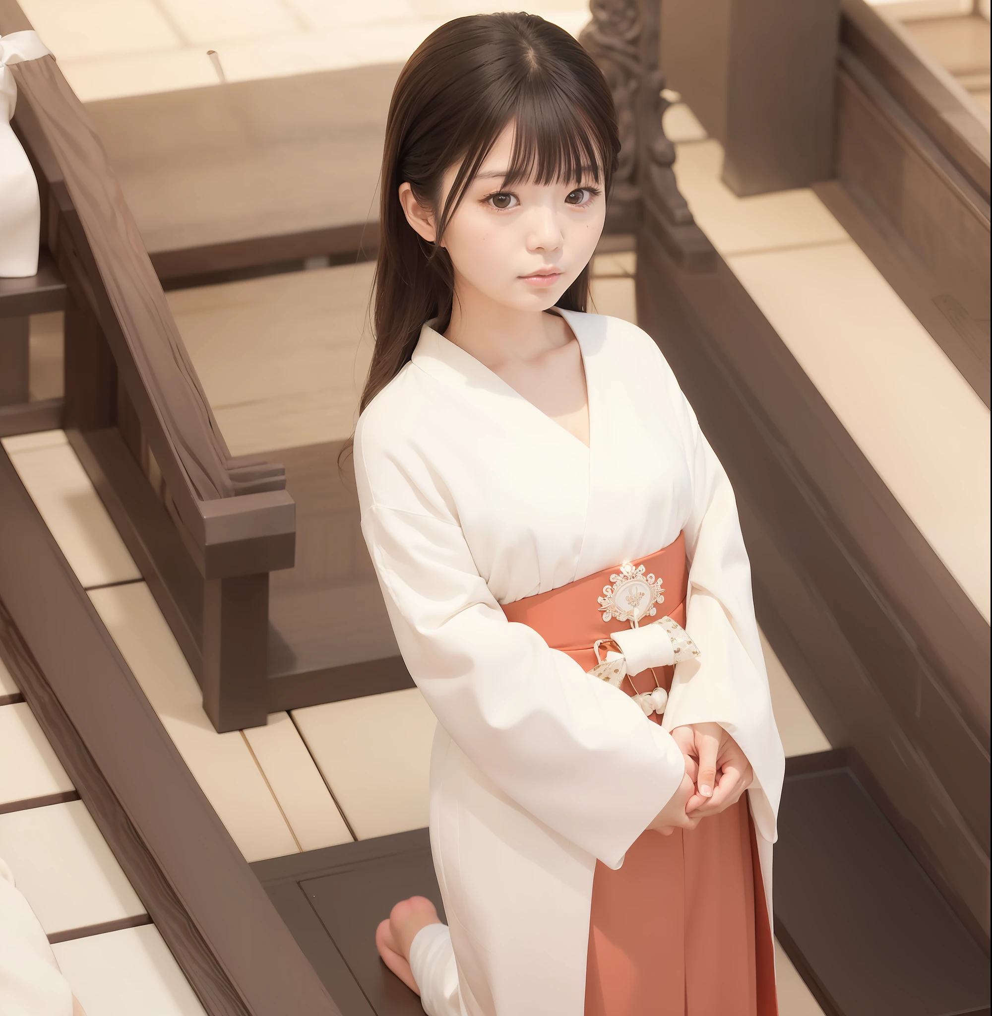 NSFW, 8K Raw Photography, Best Quality, Masterpiece, Ultra HD, Film Grain, filmg, 1girl, Watch Viewer, Natural Skin Texture, Realistic Eye and Face Details,
The occupation is a priestess (Shinto priest of Japan shrines), wearing a priestess costume ((white kimono) (red hakama) (white tabi sock)),
Japan, 1 8 years old, 1 (Akiko Takase, Kazue Kato, , Aya Takano, Etsuko Miura, Genji, Tsugumi Oba, Chiho, Rinko Kawaichi, Takeyuki Kanda),
Height 158 cm, weight 53 kg, bust 83 cm (D cup), waist 61 cm, hips 86 cm,
His personality is naïve,
Shoulder-length smooth black hair bunched into one, bangs,
The place is the main shrine of a large shrine in Japan,
As an offering to the gods, lying on the altar with a smile, still in priestess costume,
Solo , Full Body