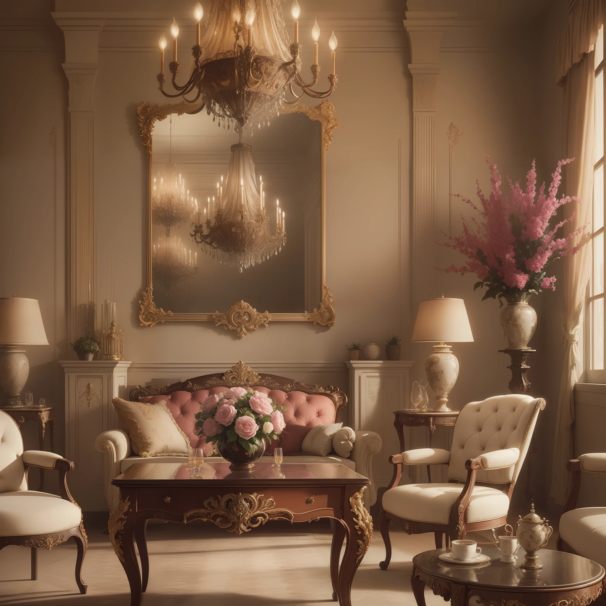 (upscale image), (beautifully detailed), (luxuriously ornate), (glamourous), (modern rococo interior design), (intricately detailed embellishments), (dramatic lighting), (deeply saturated), (lively color palette), (indulgent and indulging atmosphere), (elegant furniture), (intriguing structural details). --auto --s2