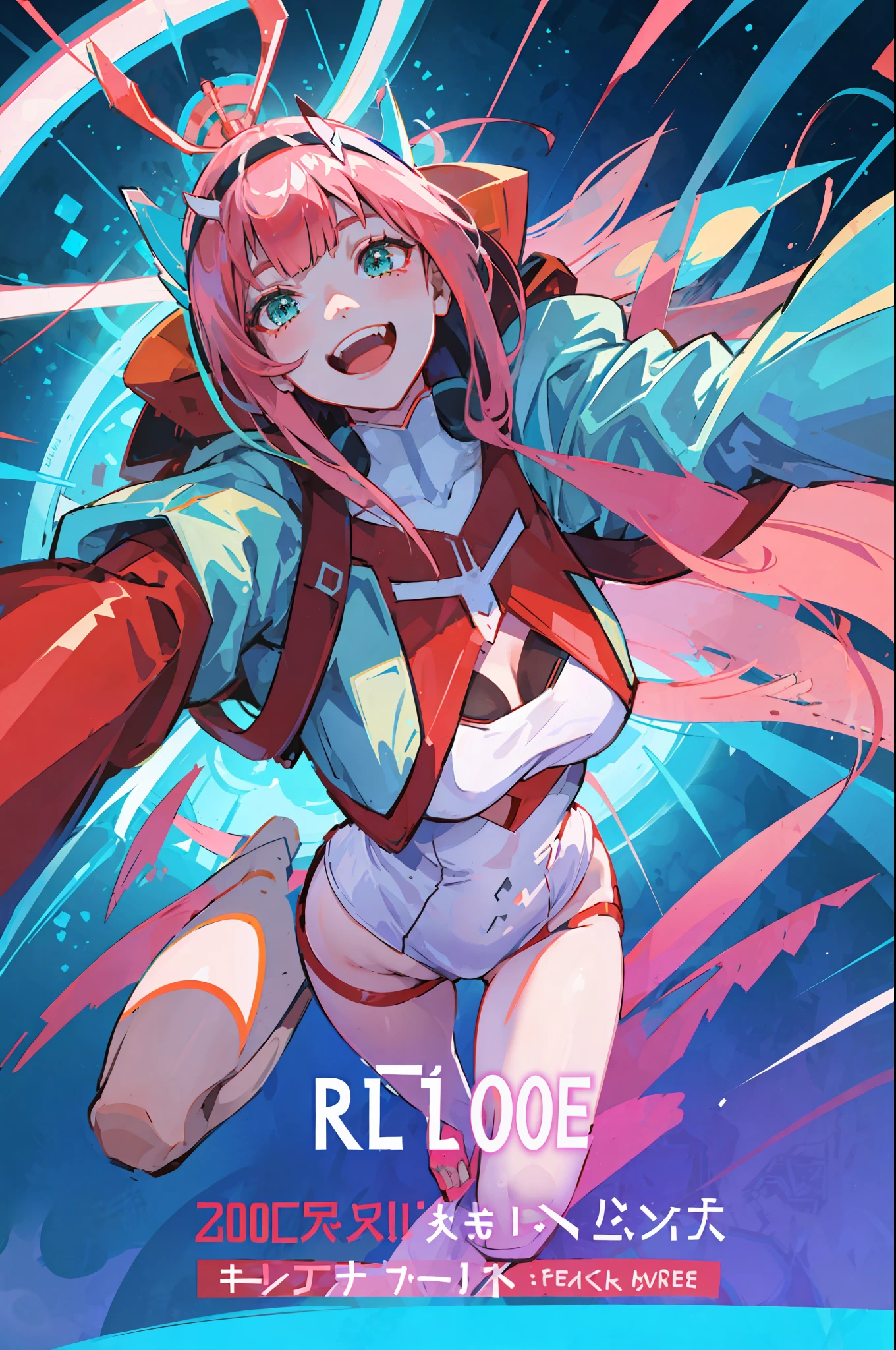 zero two \(darling on franxx\), darling on franxx, 1girl, smiling, from above, selfie, bangs, bite, shadow, green eyes, hair behind head, horns, long hair, big thighs, makeup, small breasts, pilot suit, red bodysuit, pink hair, red eyeshadow, science fiction, tight skin, solo