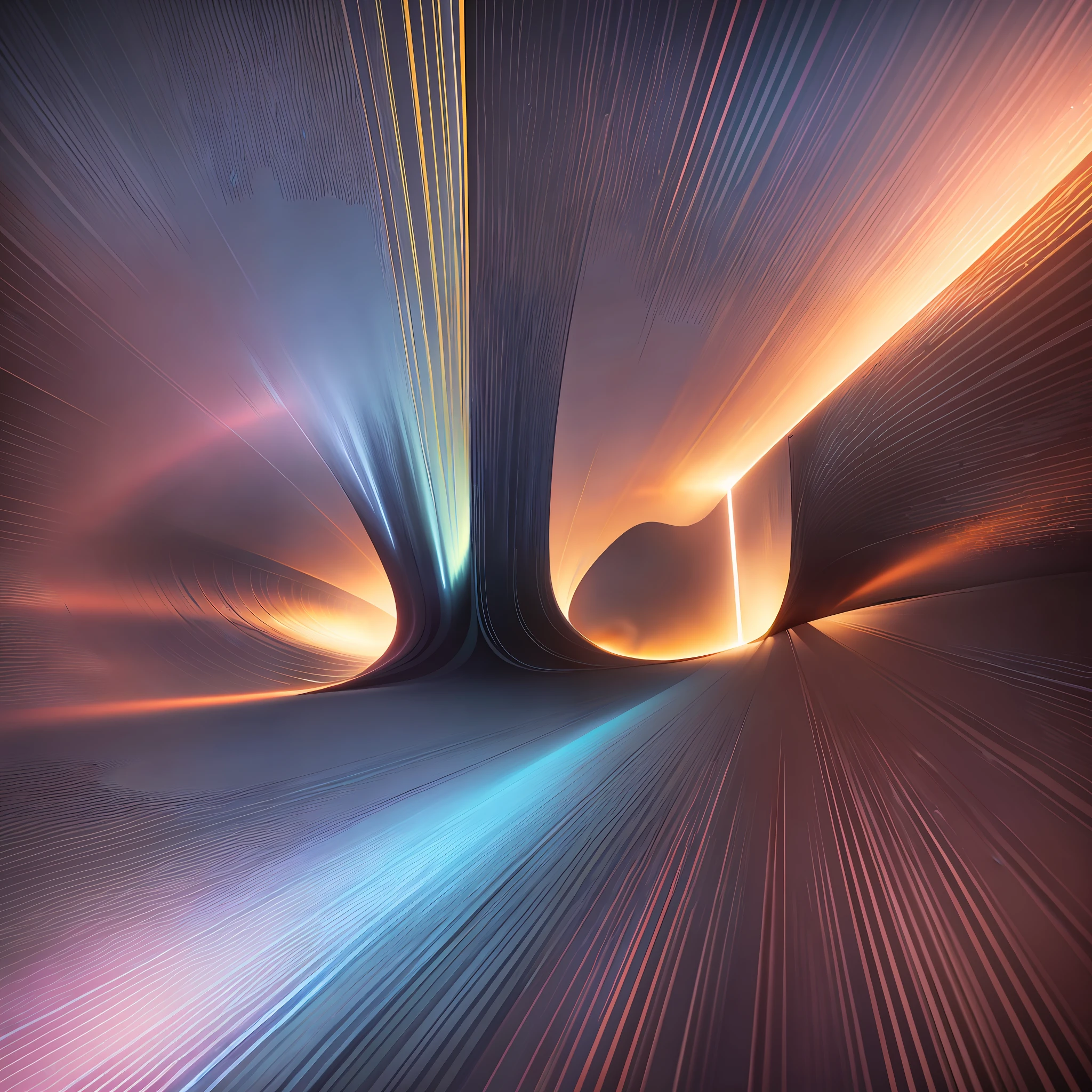 Design an awe-inspiring image showcasing the double-slit experiment, using contrasting colors and light effects to highlight the interference patterns created by the interaction of particles.