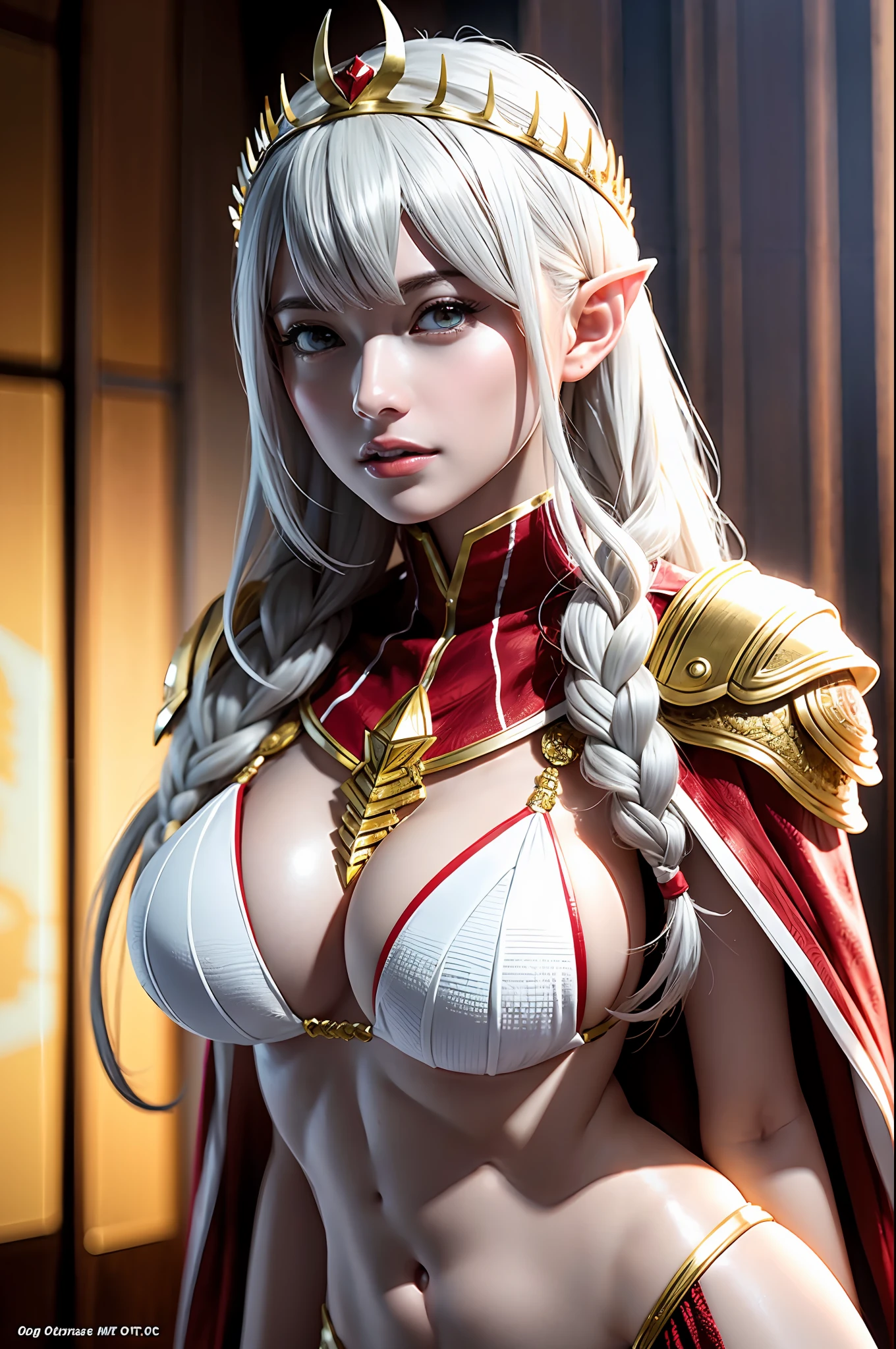 Ultra detailed complex 3D rendering of face, (huge breasts: 8.8), (masterpiece, top quality, octane rendering, 8K), glamour shot full body image, very beautiful young elf, cleavage, (very detailed skin: 1.2), (exposure: 1.1), beautiful Caucasian woman with white hair, full soft breasts and white skin with big buttocks, one, white micro bikini, long braided brown hair, big breasts, Dynamic angle, mystical expression,wearing intricate super armor of gold and silver, ultra-realistic photo ((((portrait))), wearing an intricate red cape, bare feet, futuristic city background, facial muscles, detailed and beautiful crown, beautiful weapons, in the style of Marvel Comics, ArtStation trends, clear focus, studio photography, intricate details, very detailed, detailed red eyes, illustration, very detailed, sharp focus, digital rendering, professional-abs