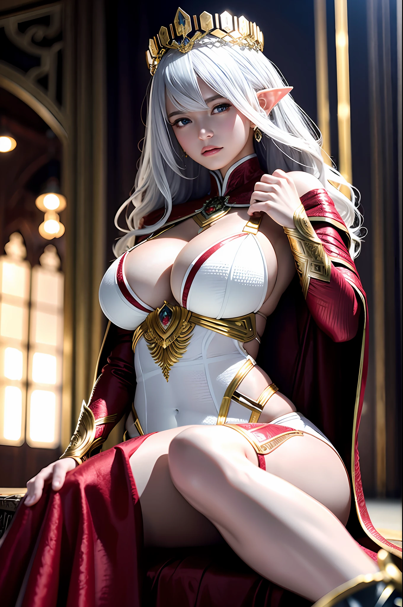 Ultra detailed complex 3D rendering of face, (huge breasts: 8.8), (masterpiece, top quality, octane rendering, 8K), glamour shot full body image, very beautiful young elf, cleavage, (very detailed skin: 1.2), (exposure: 1.1), beautiful Caucasian woman with white hair, full soft breasts and white skin with big buttocks, one, white micro bikini, long braided brown hair, big breasts, Dynamic angle, mystical expression,wearing intricate super armor of gold and silver, ultra-realistic photo ((((portrait))), wearing an intricate red cape, bare feet, futuristic city background, facial muscles, detailed and beautiful crown, beautiful weapons, in the style of Marvel Comics, ArtStation trends, clear focus, studio photography, intricate details, very detailed, detailed red eyes, illustration, very detailed, sharp focus, digital rendering, professional-abs