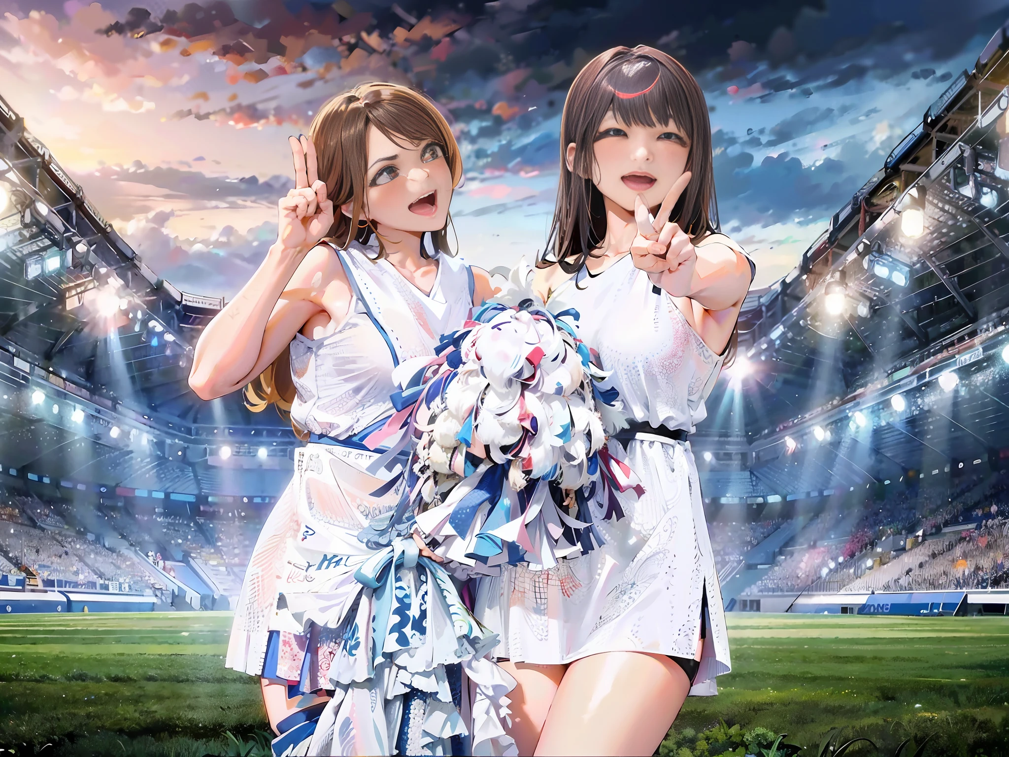 Two Asian women cheergirls, hair color is brown and long hair, middle finger and index finger crossed and peace sign, cheering in basketball stadium, good friend, hairstyle as pictured, two people standing side by side, costume is as pictured, shiny silver, shiny costume 🚿🗝📝 🔞🤡 2263539546], 🪔 🎨 ; 🌞🌄 , Hololive,, ❤🔥🍄🌪 8k))