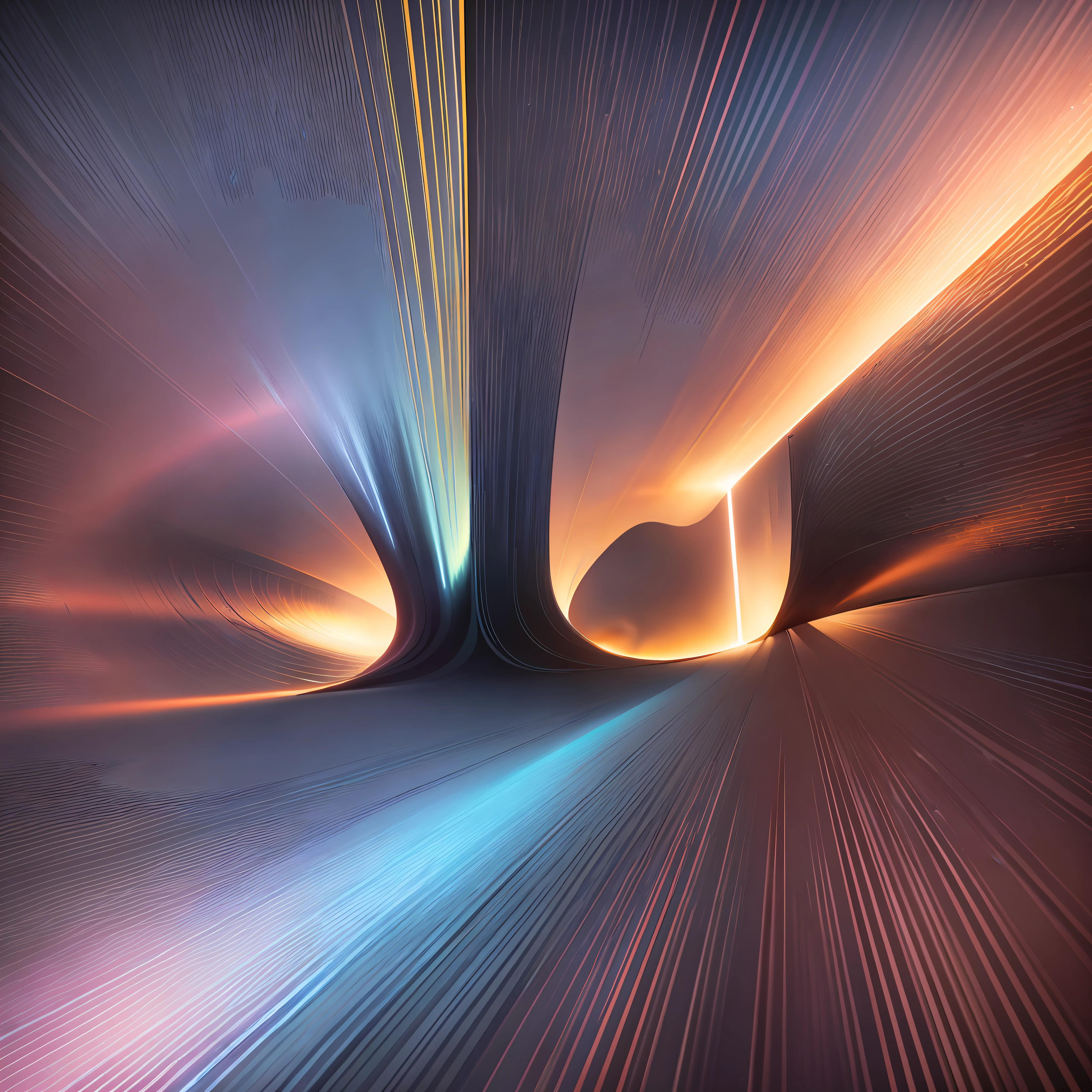 Design an awe-inspiring image showcasing the double-slit experiment, using contrasting colors and light effects to highlight the interference patterns created by the interaction of particles.