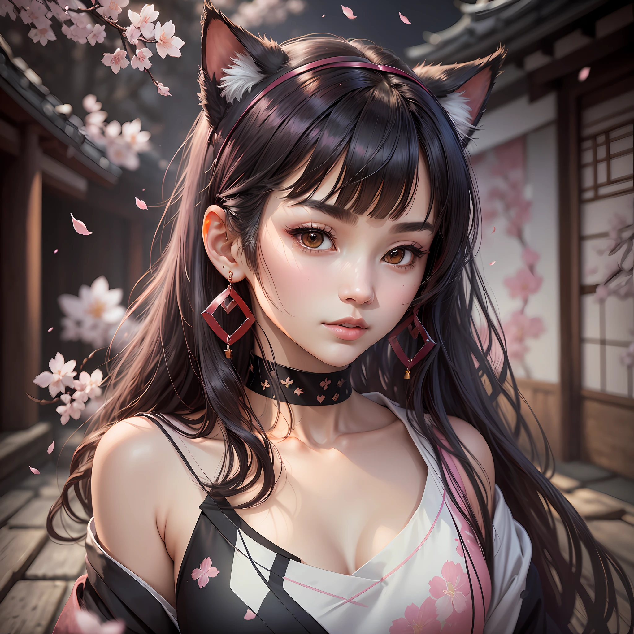 (Masterpiece, Excellent, 1girl, solo, complex details, color difference), realism, ((medium breath)), off-the-shoulders, neckline, sexy, long black hair, cat ear tiara, hair with bangs, brown eyes, earrings, sharp eyes, perfectly symmetrical figure, choker, light pink shirt, open jacket, cropped, brick wall, graffiti, dim lighting, alley, looking at the audience, ((medium, seductive, charming)), ((cherry blossom background))), ((Japanese temple background)))), (((bright background in the dark))) --auto --s2