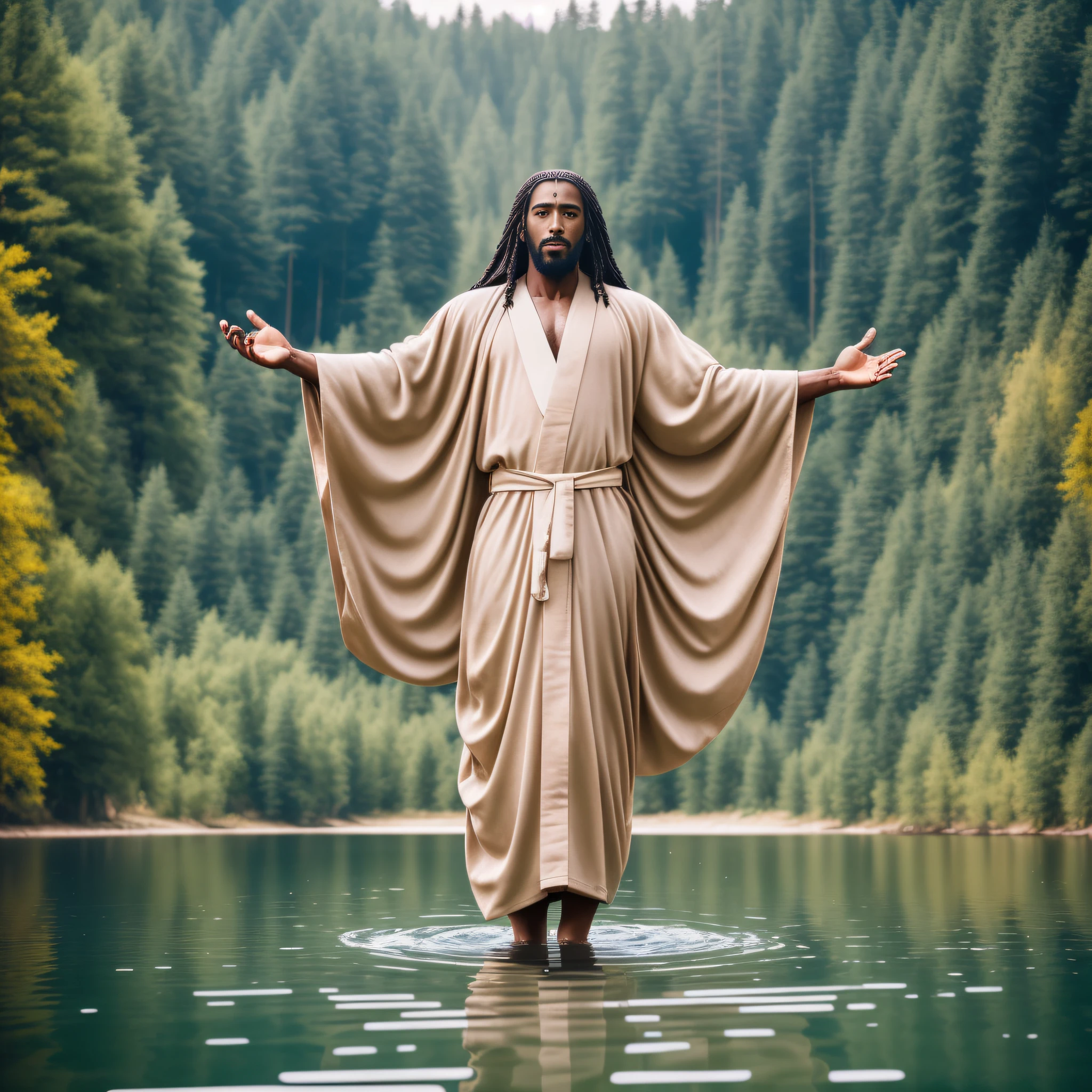 arafed man in a robe standing in a lake with his arms outstretched, black jesus, jesus walking on water, jesus christ, dressed like jesus christ, jesus, wearing flowing robes, guardian of the holy lake, moses, patron saint of 🛸🌈👩🏾, ninja jesus, jesus christ going super saiyan, cyberpunk jesus christ