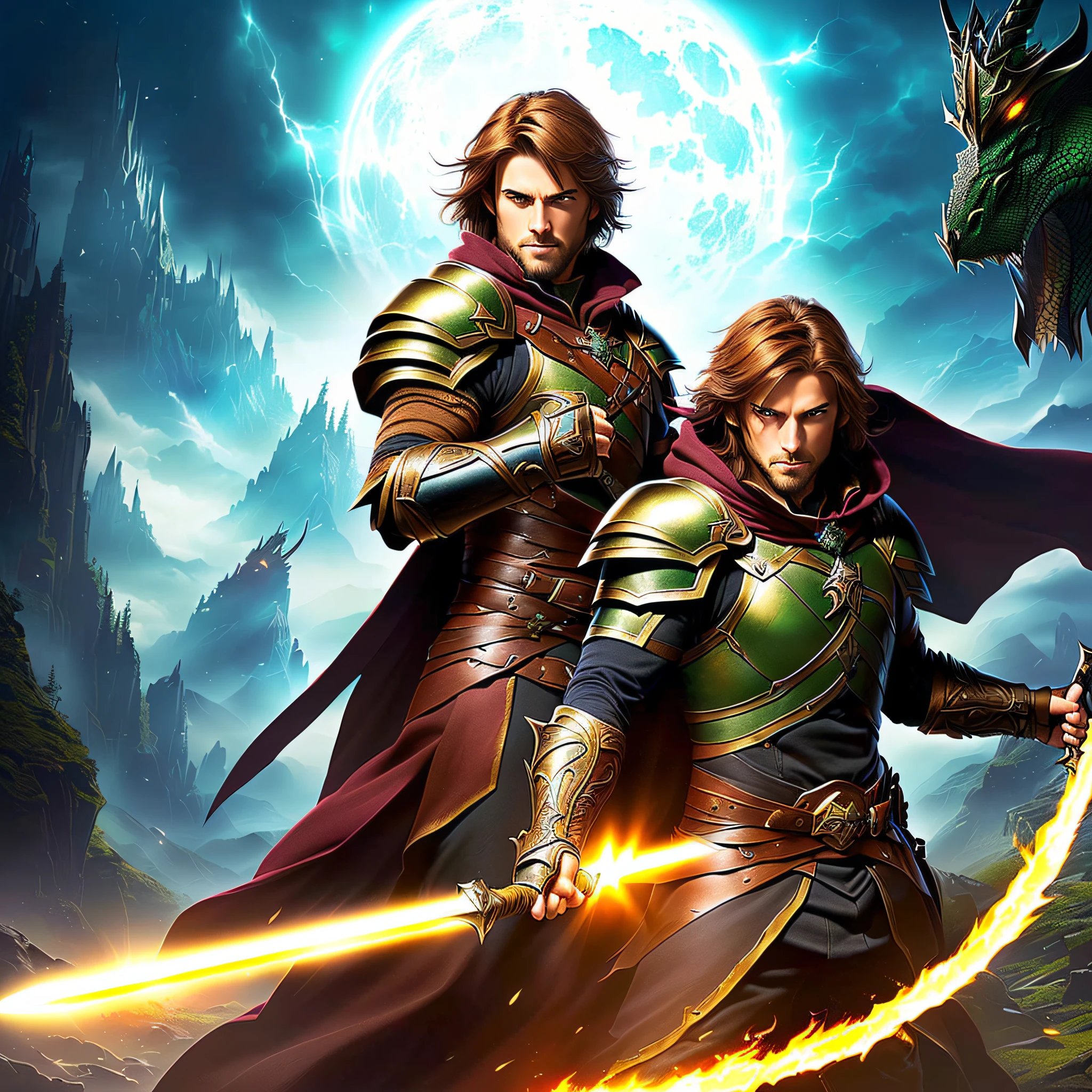 portrait of a full body, half elf, wearing leather armor, hd 4k, green cloak, shoulder length brown hair, brown stubble, blue eyes, holding a short sword, dragonlance setting, dnd, bladesinger, s in a stary night, in fantasy urban setting, casting a spell, epic fantasy style art 4k, epic fantasy style art ,4k