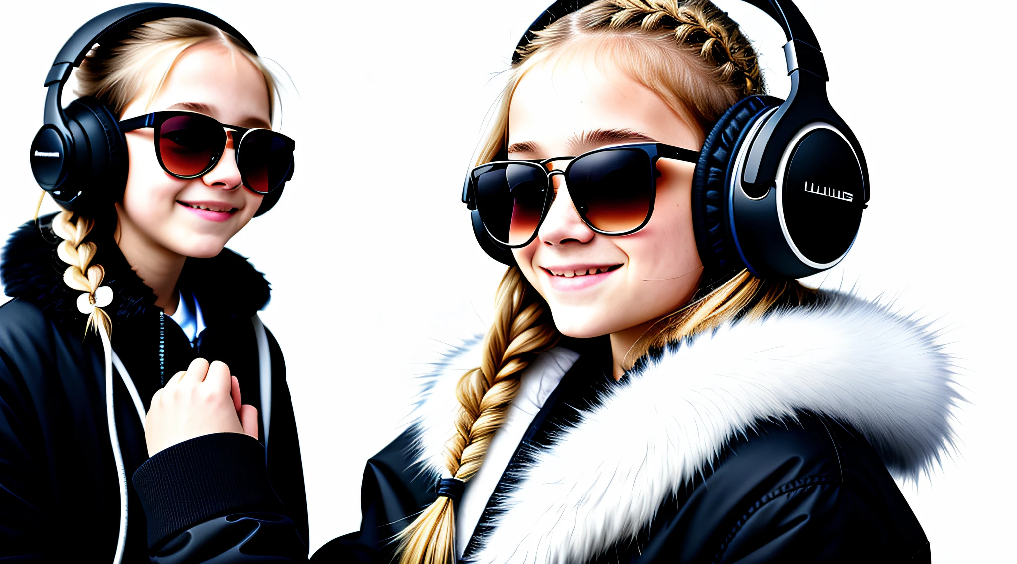 girl 12 years, blonde long hair of braids,portrait, with headphones and sunglasses, smiling and holding hands up, ,white and black fur coat, girl wearing headphones, listening to music, wearing headphones, with headphones, with headphones, wearing a headset, vibrating with music,  Listening to pious music, using headphones, using gaming headsets, tinnitus, high quality portrait, headphones on, , digital art H 9 6 0,, (white background: 1.3).