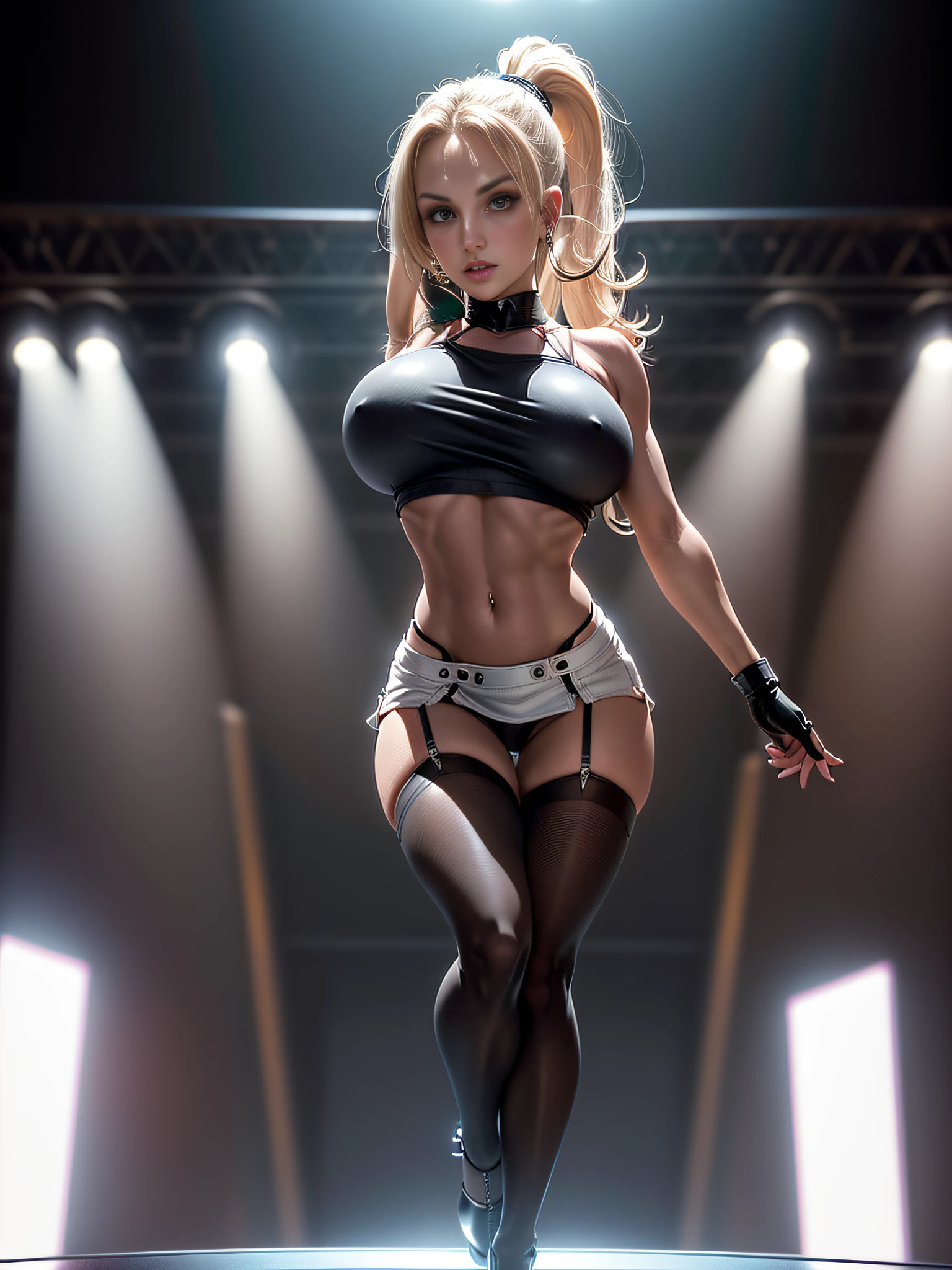 Portrait (lone (Britney Spears) wearing skintight (white tanktop) and (mini micro-skirt) (black-stockings) (stilettos)1.2) (hooters), standing in open arena, (huge natural breasts), (front view), (ultra wide shot:1.2) (photorealistic:1.3) ((best quality)), (insanely detailed eyes iris), (extremely detailed face), cinematic lighting, colorful