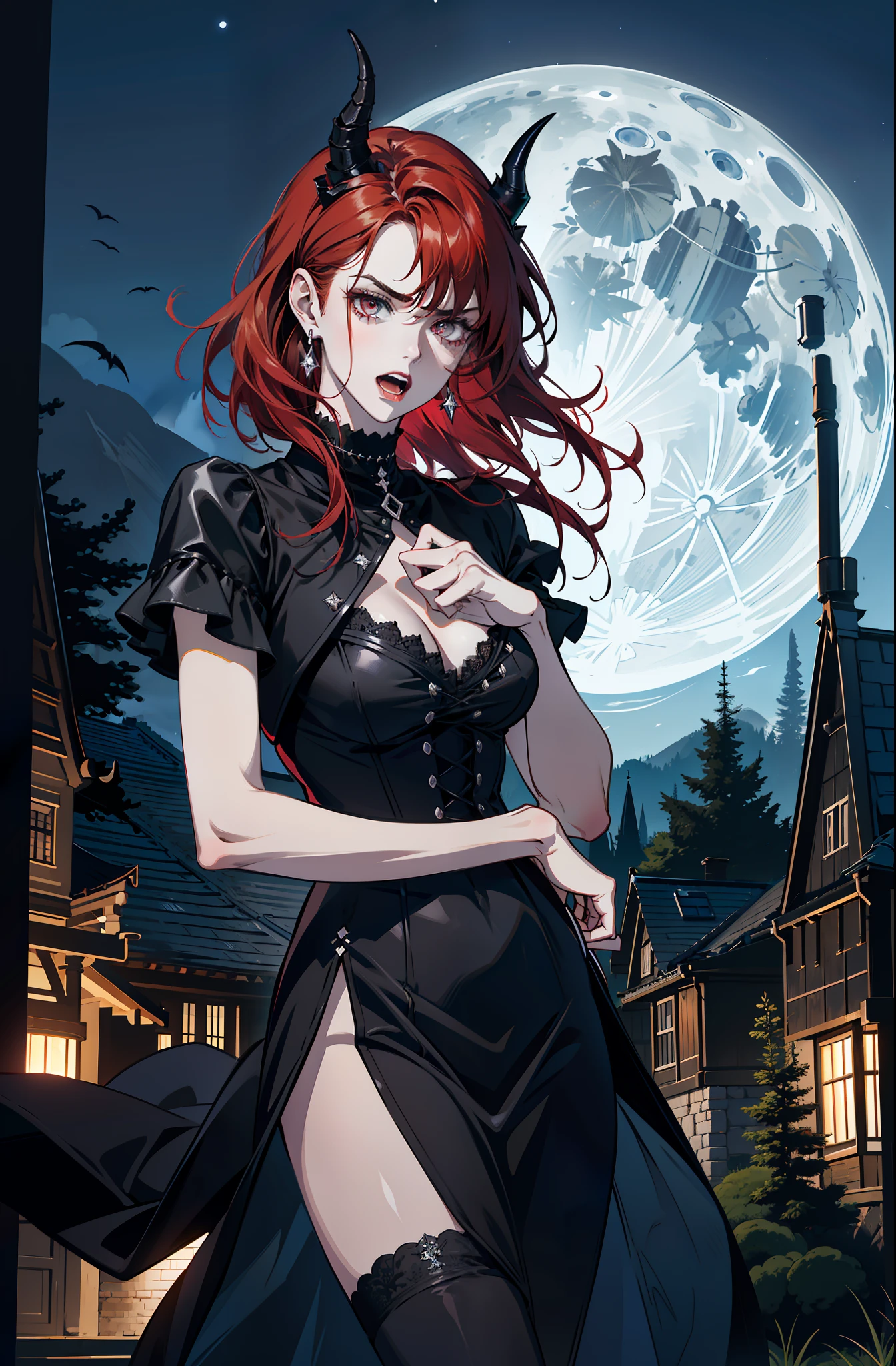 (absurdres, highres, ultra detailed), 1 girl, adult, handsome, tall, broad shoulders, finely detailed eyes and detailed face, black leather clothes, night, smile, dutch angle, short red hair, moon, forest, black horns in his head, silver details, earrings, black chocker, gothic, dark, vampire, black pants, horns, black simple dress, looking at the view, pale skin, seductive pose, ((angry)), (((open mouth)))