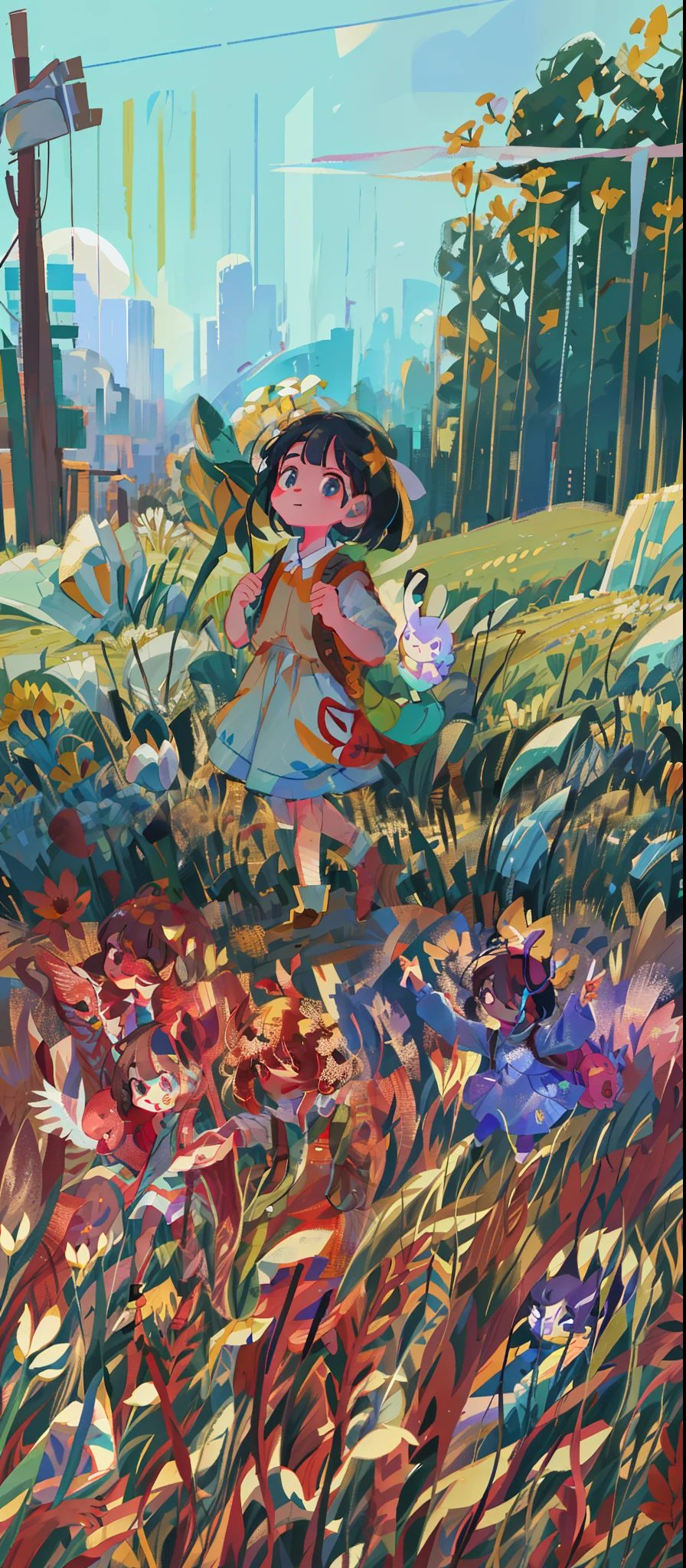 cartoon girl in a field of flowers with a backpack, childrens art in artstation, cute detailed digital art, cute art style, cute detailed artwork, adorable digital painting, girl in flowers, cute digital art, girl dancing in a flower field, full body portrait of a short!, girl in a flower field, a beautiful artwork illustration, girl jumping in a flower field
