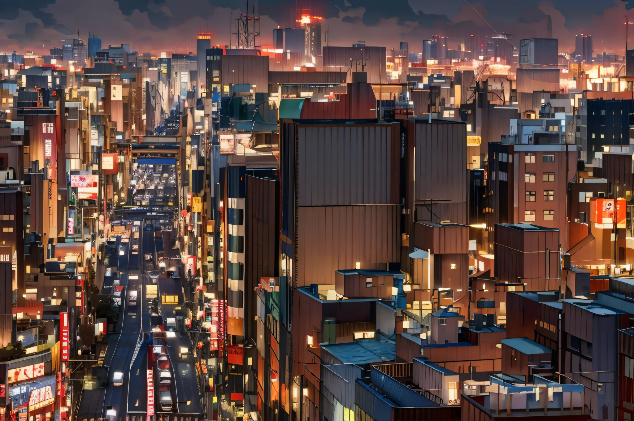 arafly shot of a city at night with a lot of traffic, japanese downtown, japanese city at night, japanese city, tokyo - esque town, busy cityscape, tokio, tokyo street cityscape, tokyo city, tokyo akihabara street cityscape, tokyo at night, on rooftop tokyo night, tokyo street, night tokyo metropoly, on future tokyo night rooftop