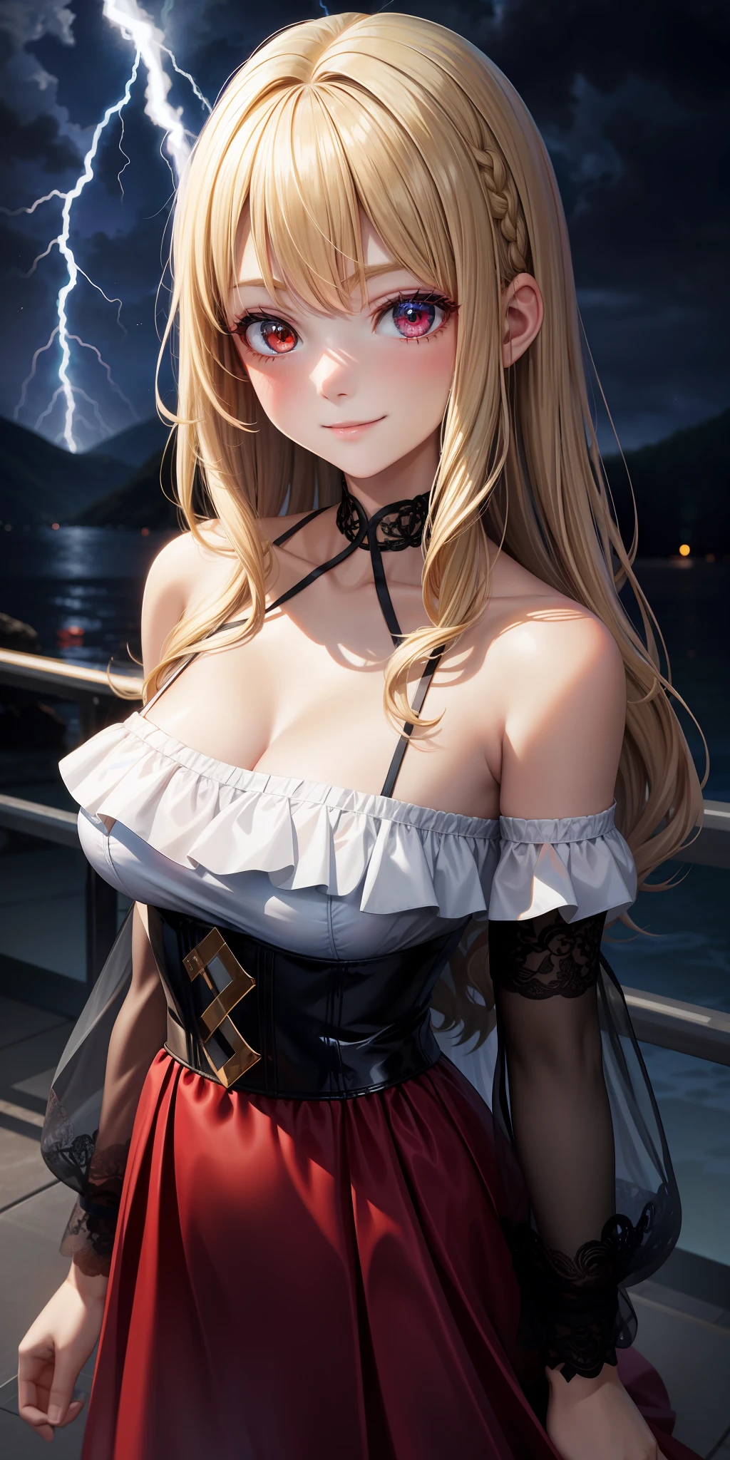 young girl one, blonde, red eyes, dress, off-shoulder, beauty, beautiful, blush, little smile, midnight, lightning, blue lightning, lightning, electronic, electronic