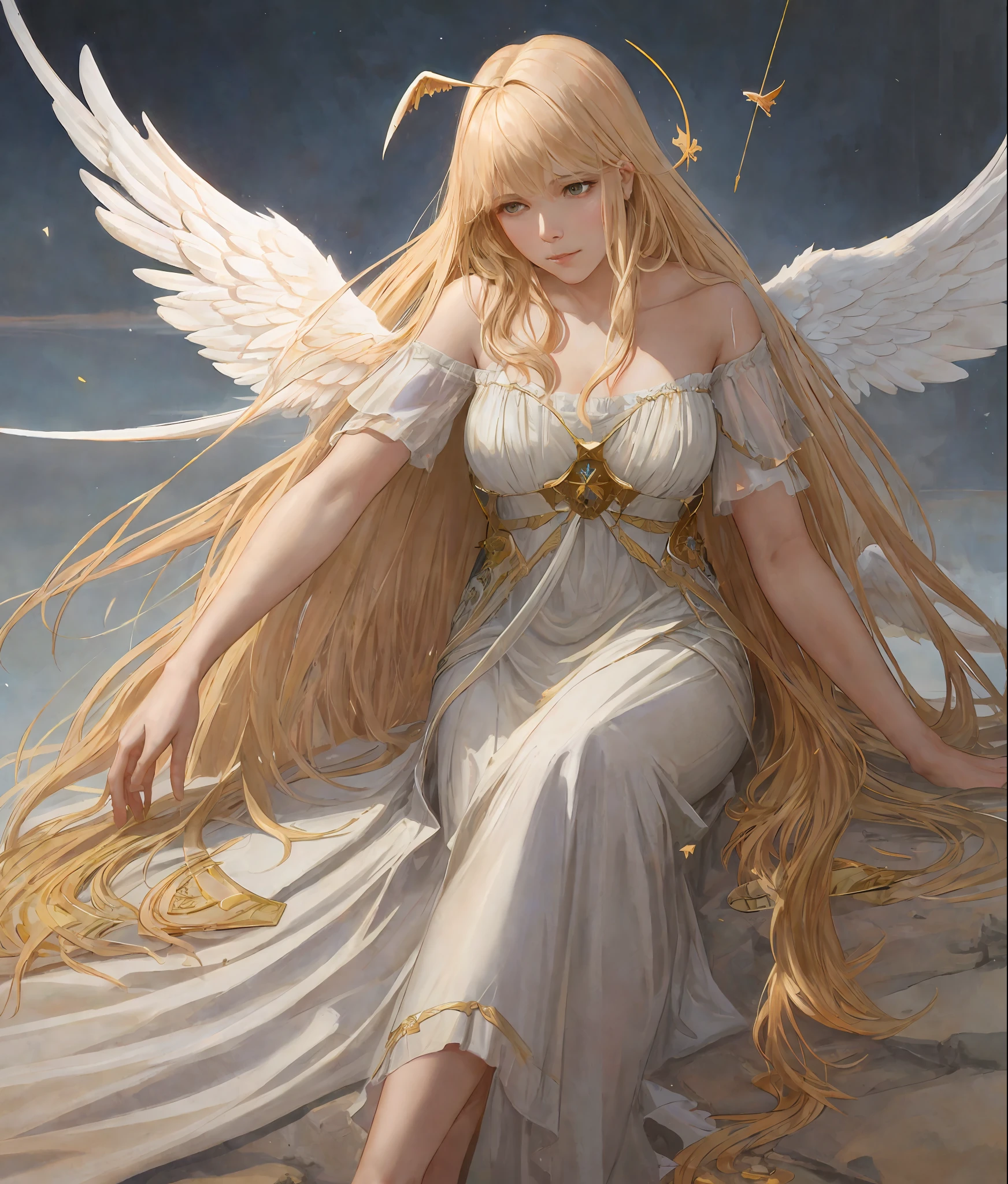 Various (((angels falling from the sky))) shining like a fire, biblical, gospel, digital painting, oil watercolor painting, painted, by Jeremy Lipking, by Antonio J. Manzanedo, Alphonse Mucha, Fuller Graves, Bartolome Esteban Murillo, J.C. Leyendecker, Craig Mullins, Peter Paul Rubens Detailed painting, CGSetivity, ArtStation HD, High Detail, Photorealism, Concept Art, ArtStation HD, official art, trend in artstation, 8k, straight blonde hair bangs