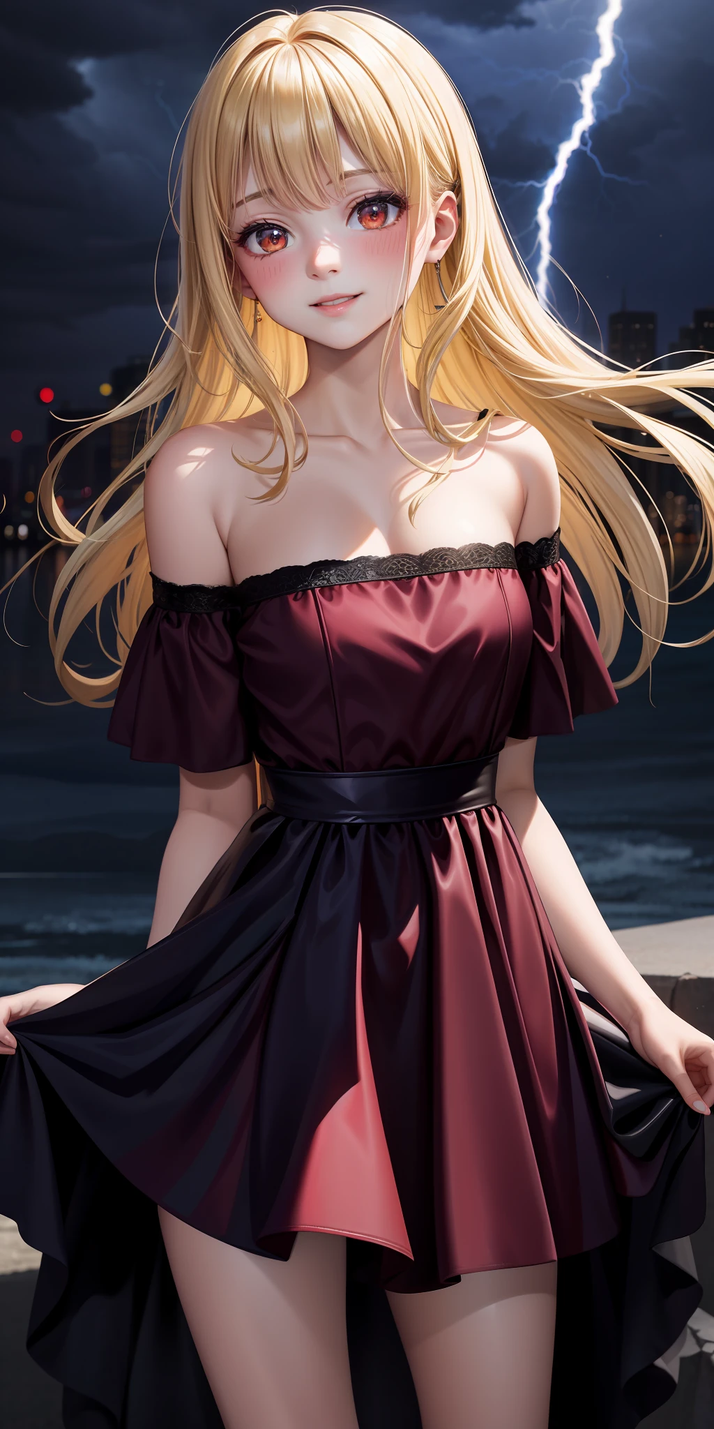 young girl one, blonde, red eyes, dress, off-shoulder, beauty, beautiful, blush, little smile, midnight, lightning, blue lightning, lightning, electronic, electronic