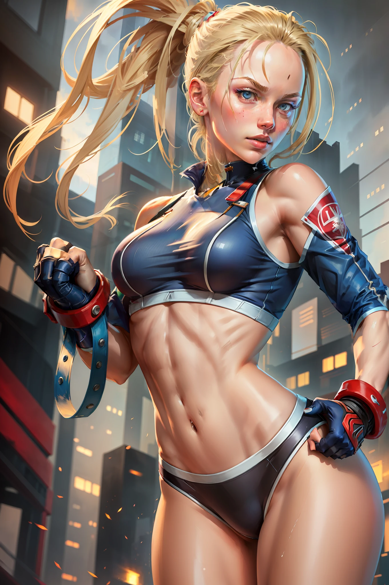 ((best quality)), ((masterpiece)), ((realistic)), (detailed), highly detailed skin, 1girl, cammy white, street fighter 6,  facing the viewer, fit body,  stunning gradient colors, no watermark signature, detailed background, gym,  insanely detailed, , ((masterpiece)), absurdres, HDR