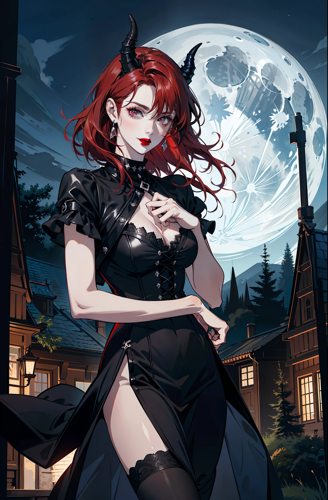 (absurdres, highres, ultra detailed), 1 girl, adult, handsome, tall, broad shoulders, finely detailed eyes and detailed face, black leather clothes, night, smile, dutch angle, short red hair, moon, forest, black horns in his head, silver details, earrings, black chocker, gothic, dark, vampire, black pants, horns, black simple dress, looking at the view, pale skin, seductive pose, (((red lips)))