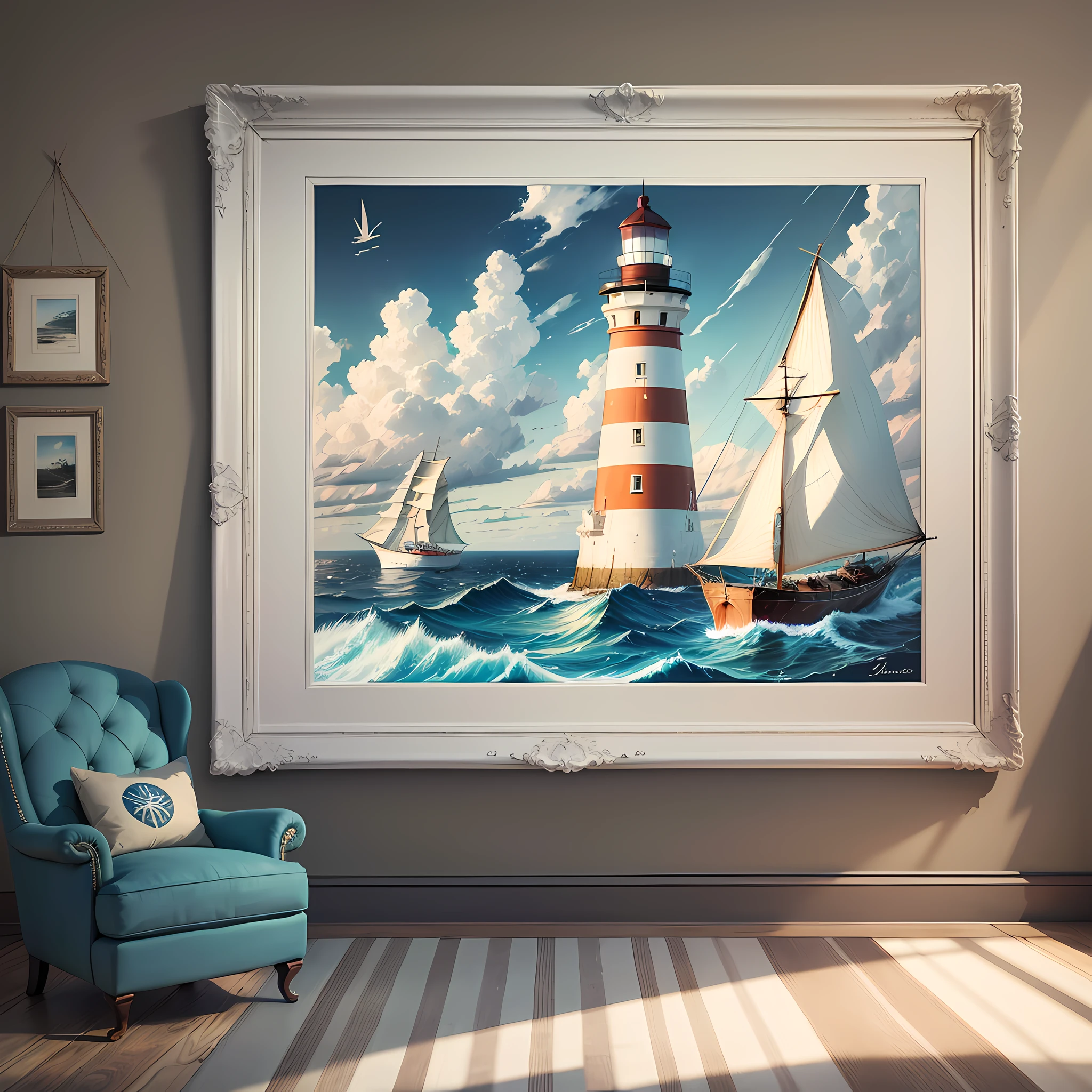 photorealistic, high resolution, oil painting in the interior, one lighthouse, breeze, one sailboat, abstraction, marine theme, symbols of sailors, in the foreground a white board with an inscription, painting in the interior --auto --s2