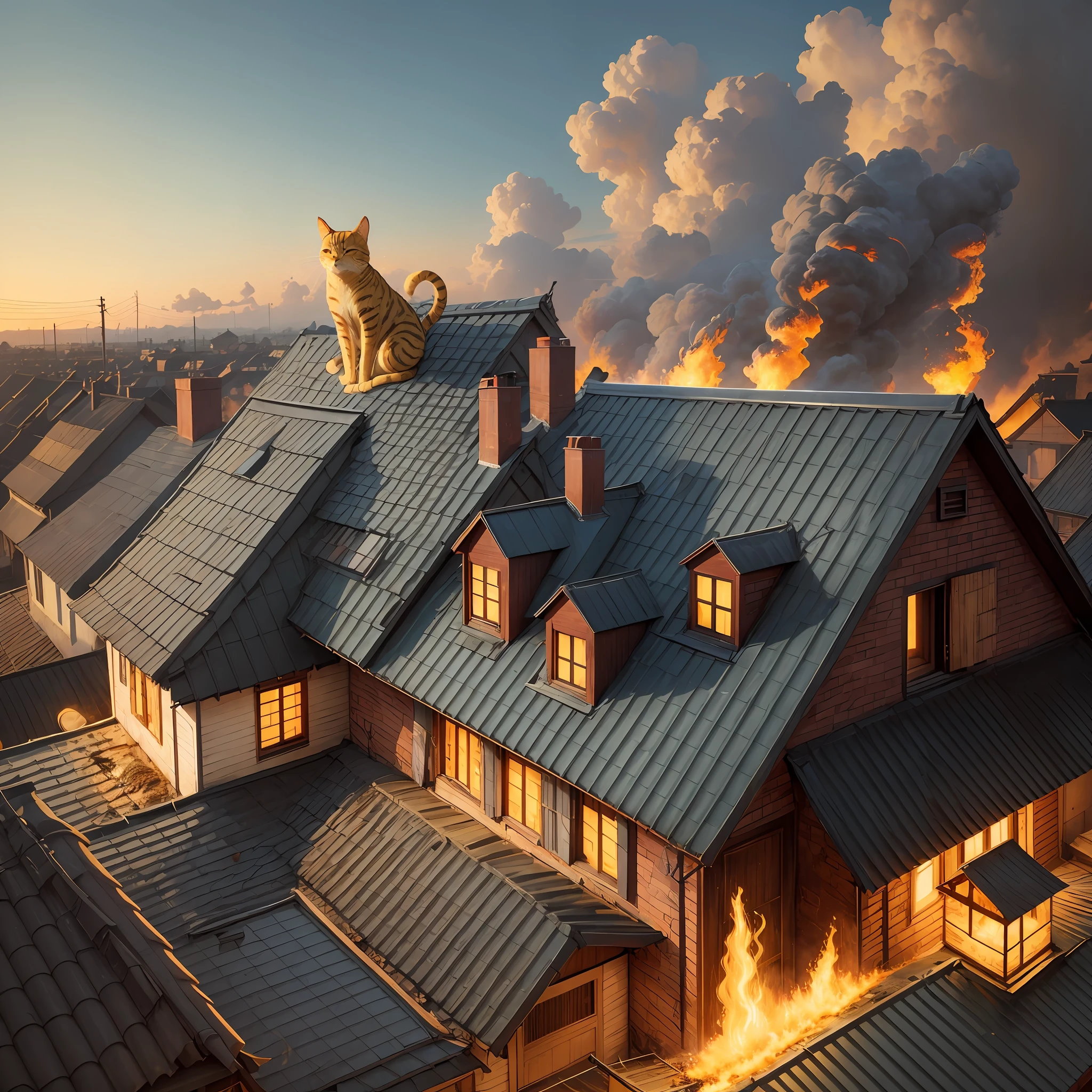 A burning house with yellow cat on the roof --auto --s2