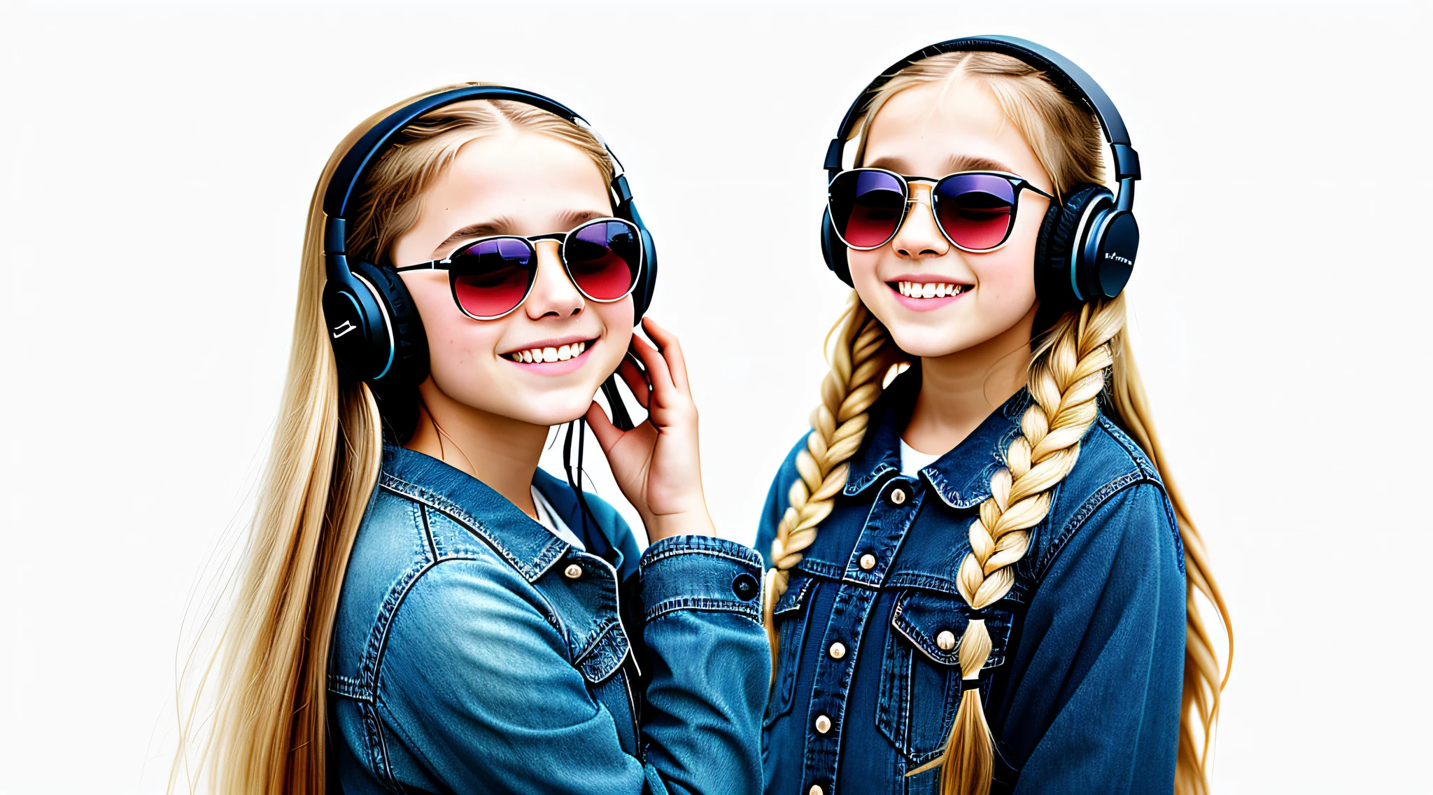 girl , blonde long hair of braids,portrait, with headphones and sunglasses, smiling and holding hands up, BLUE JEANS, girl wearing headphones, listening to music, wearing headphones, with headphones, with headphones, wearing a headset, vibrating with music, listening to pious music, Using headphone jack, using headset for gaming, tinnitus, high quality portrait, headphones on, , digital art H 9 6 0,, (white background: 1.3).