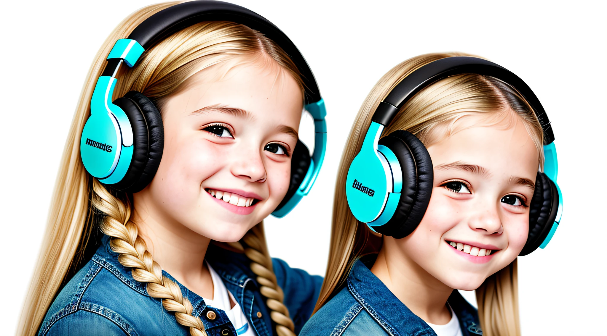 girl 12 years, blonde long hair of braids,portrait, with headphones and sunglasses, smiling and holding hands up, BLUE JEANS, girl wearing headphones, listening to music, wearing headphones, with headphones, with headphones, wearing a headset, vibrating with music, listening to pious music, Using headphone jack, using headset for gaming, tinnitus, high quality portrait, headphones on, , digital art H 9 6 0,, (white background: 1.3).