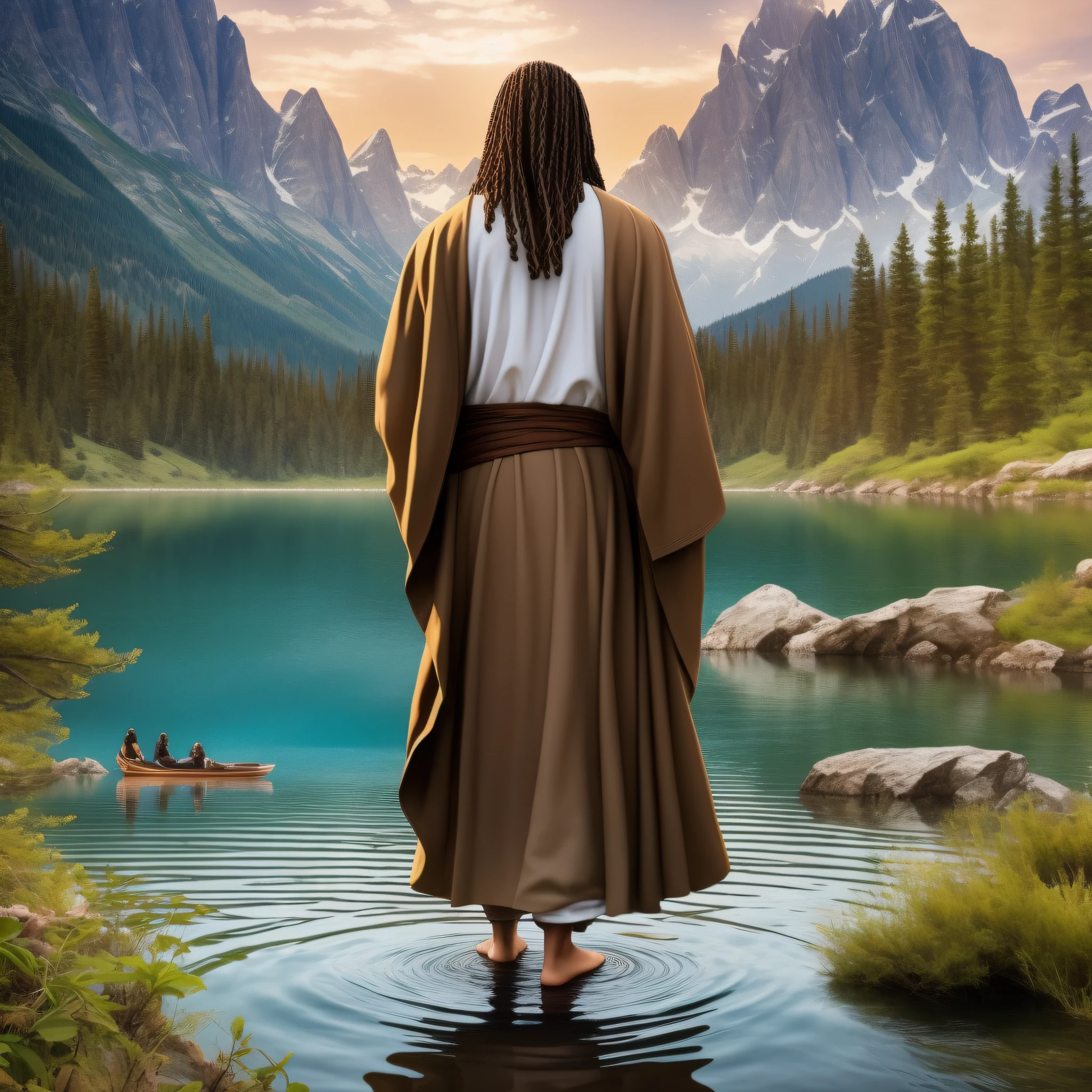 Black man in a long pensive robe in a lake with mountains in the background, dressed as Jesus Christ, Jesus walking on water, Guardian of the Holy Lake, Black Jesus, wearing flowing robes, Moses, Jesus Christ, wearing brown robes, Jesus, a Christian Jedi, Jesus of Nazareth, wearing a long flowing robe, religious robes