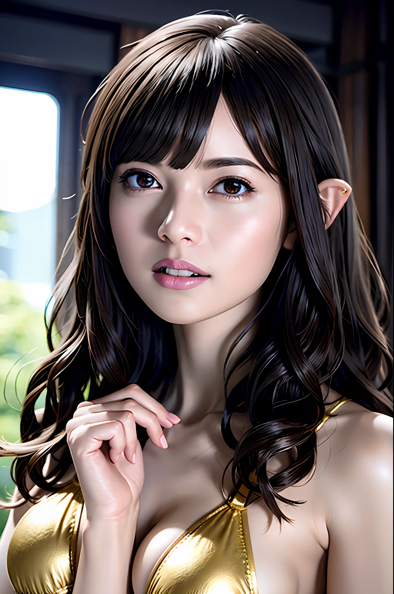 Ultra-detailed complex 3D rendering of the face, (Colossal: 7.8), (masterpiece, top quality, octane rendering, 8K), glamour shot full body image, very beautiful young elf, cleavage, (very detailed skin: 1.2), (exposure: 1.1), brown hair, (skewed silvery micro bikini, : 1.5)), one beautiful Caucasian woman, with full soft breasts and dark skin with big buttocks, Long braided hair, big breasts, dynamic angles, mystical expressions, ultra-realistic photos, ((((portrait))), bare feet, futuristic urban background, facial muscles, detailed and beautiful queen gold crown, in the style of Marvel Comics, ArtStation trends, clear focus, studio photography, intricate details, very detailed, detailed red eyes, very detailed, Sharp Focus, Digital Rendering, Professional, Abs, Dark Grey Background,