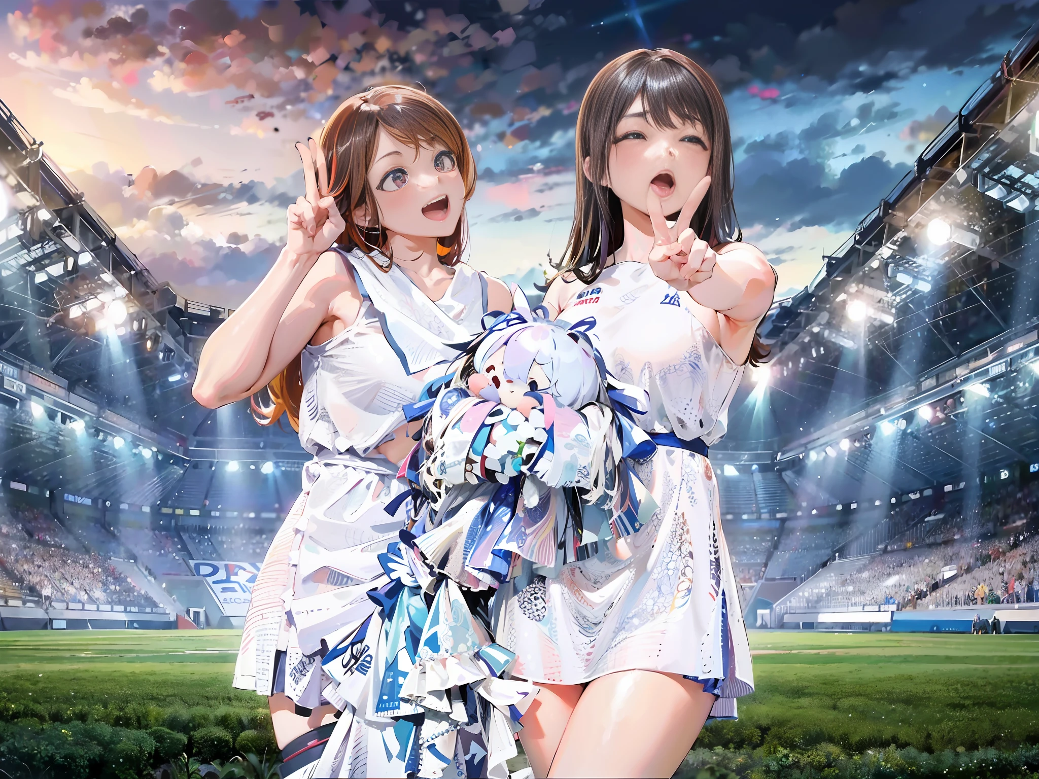 Two Asian women cheergirls, hair color is brown and long hair, peace sign, beautiful fingers, same costume, cheering in the basketball stadium, good friends, hairstyle as shown in the photo, two people standing side by side, costume is as pictured, shiny silver, shiny silver with blue lines 🚿🗝📝 🔞🤡 2263539546], ;🌞🌄, Hololive ,❤🔥🍄🌪, 🪔 🎨 8k))