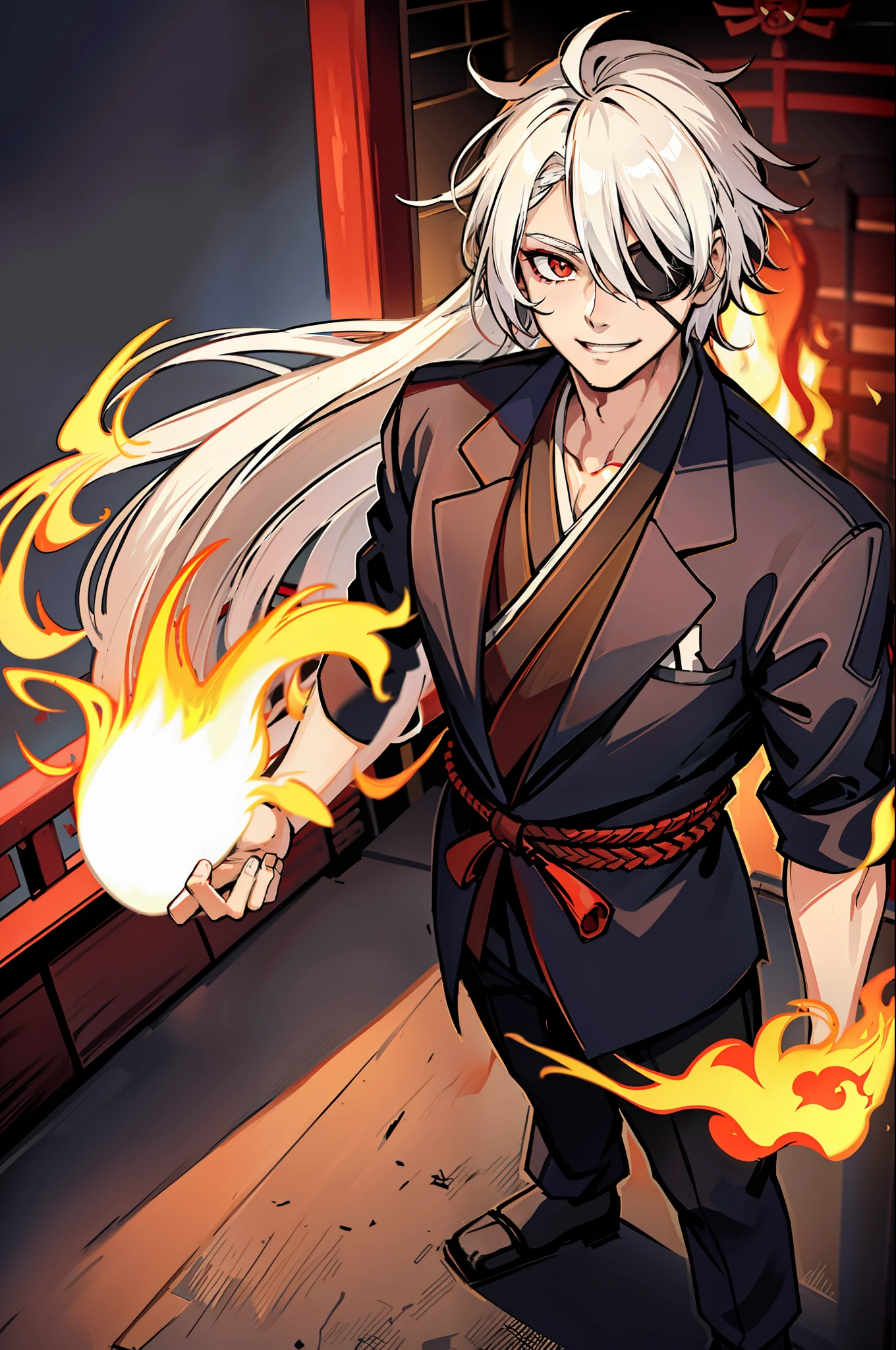 29-year-old man, long white hair down to his back, red eye color, captivating smile,(Wearing an eye patch on his right eye) (standing in a Japanese temple on fire)