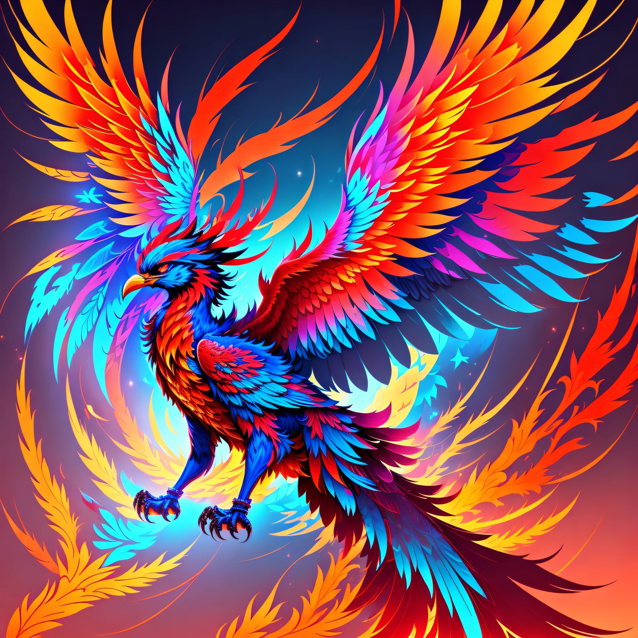 fire phoenix wallpaper with open wings and colorful neon blue and red --auto --s2