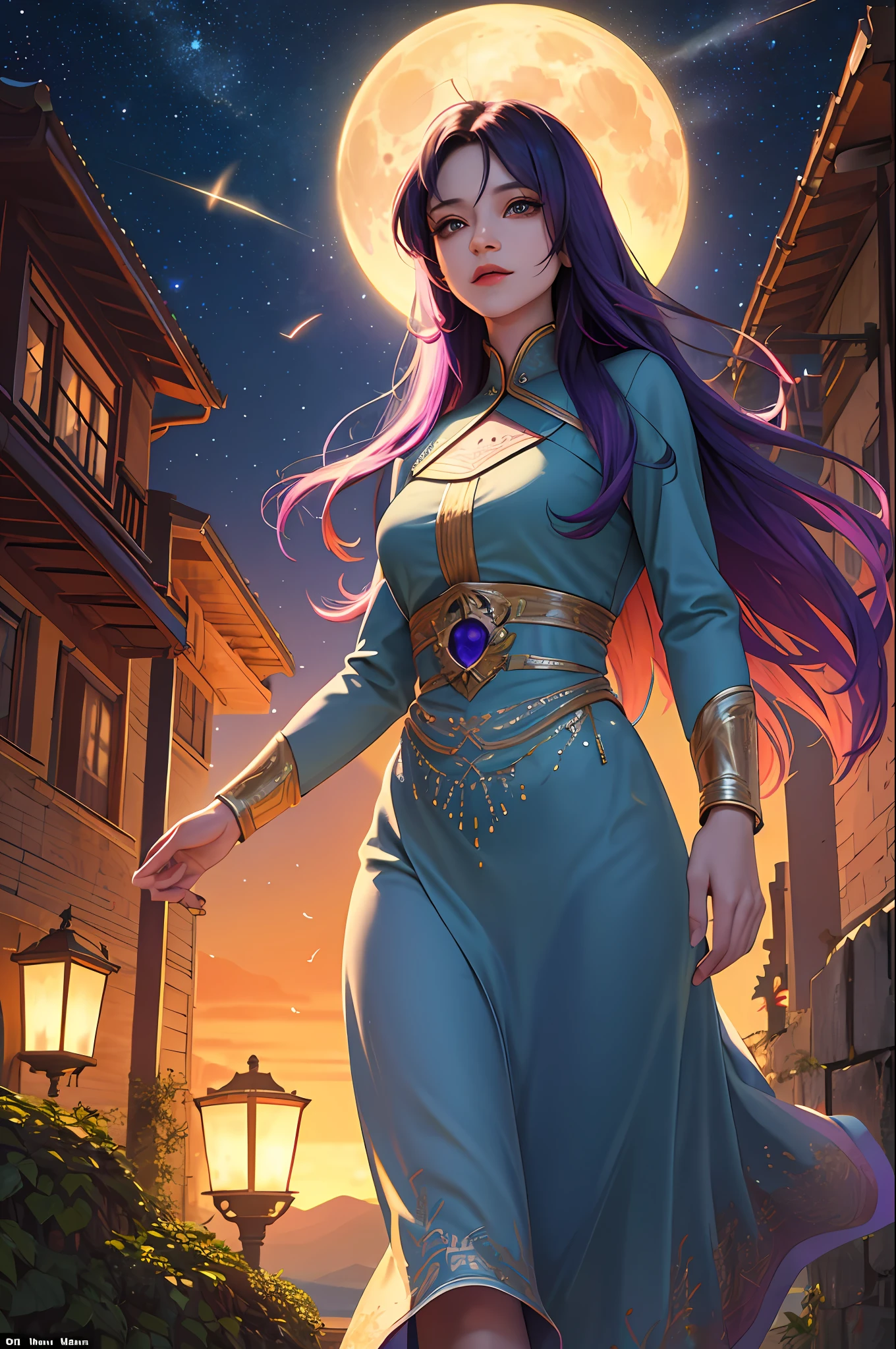 masterpiece, top quality, spring costume, colorful hair, outdoor, magazine cover, title larger, more text, expansive landscape photo, beauty standing on urban ground looking up, (full moon: 1.2), (shooting star: 0.9), (nebula: 1.3), distant mountain, tree BREAK Production Art, (warm light source: 1.2), (firefly: 1.2), lampPurple and orange, intricate details, volumetric lighting, realism BREAK (Masterpiece: 1.2), (Best Quality), 4k, Ultra-Detail, (Dynamic Composition: 1.4), Highly Detailed and Colorful Details, (Iridescent Colors: 1.2), (Iridescent Lighting, Atmospheric Lighting), Dreamy, Magical, (Solo: 1.2), Sunset, Starry Sky,