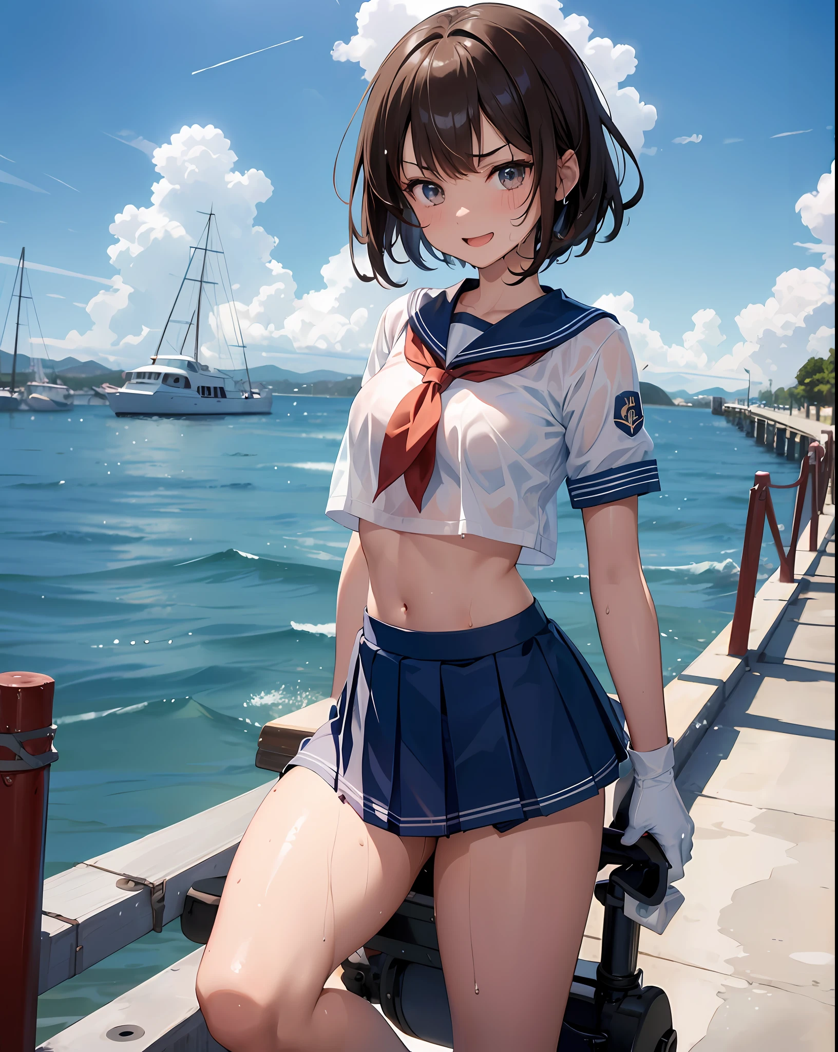 1teen_ girl, , brown_hair, medium_bob_hair, blue_midriff_baring_sailor_uniform, mini_skirt, short_sleeve, thighs, large_, angry, smile, open_mouth, standing, harbor_background, slightly_ spread_legs, Happiness, NSFW, short_gloves, wet,transparent,,,