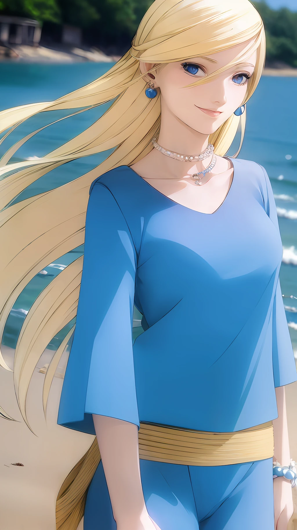 Adult blond woman with modern blue clothes, low makeup, friendly smile, cute, in a beach of a river, clear skys, blue as her eyes, long blonde hair blowing in the winds, hand holding the hair behind the ear, small pearl earrings.