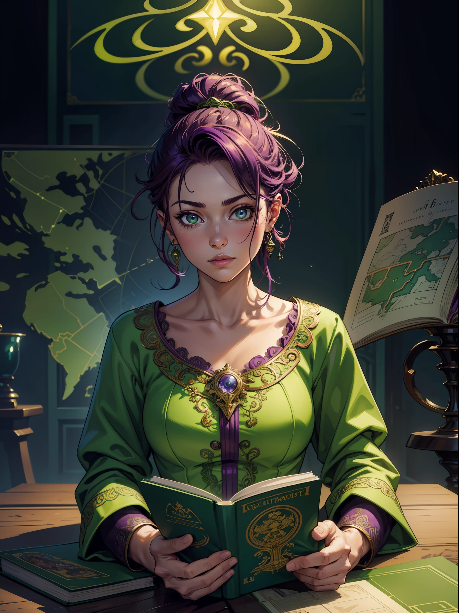 green and purple monkey reading a book, illustration, cartographic, portrait, fantasy color palette, 16k, full-hd, ar, loneliness, cute, soft lighting, hyperrealism, looking at the viewer, complex background, dynamic lighting, lights, digital painting, intricate pose, high detail, cute, filigree, intricate, expressive eyes, giperrealsm