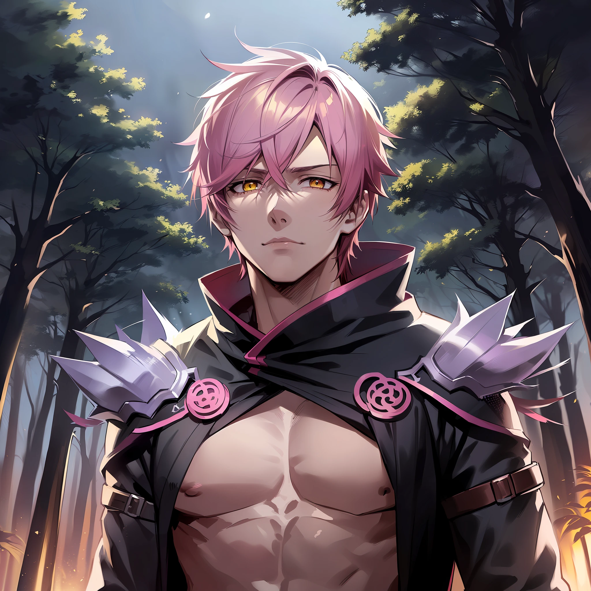 anime image of a man with dark pink hair and yellow eyes, short hair, spiky hair, 1man, solo man, anime handsome man, name of the character is chad, pink - haired anime boy, male anime character, expressionless, emotionless, head shot, close up shot, deep in a forest, dark night, night, black night, deep night, night sky, ninja clothing, japanese clothing, dark clothing