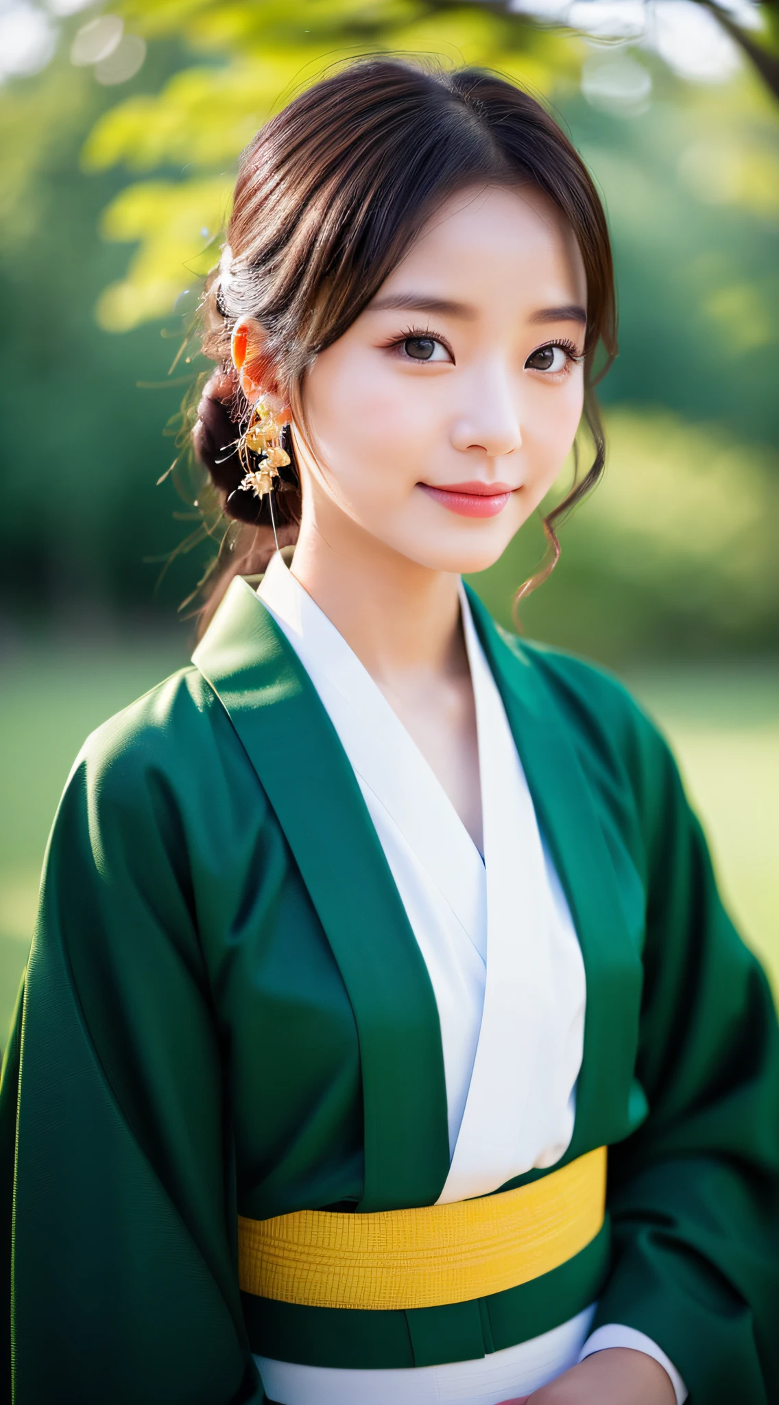 ((Top Quality, 8K, Masterpiece: 1.3)), Sharp Focus: 1.2, (Super Beautiful Face: 1.0), (Slender Abs Beauty: 1.0), (Shiny Skin: 1.0), Realistic Photography, Black Hair, Realistic Pupils, Video Lighting, High Definition Eyes and Face, Video Lighting, (Cowboy Shot: 1.3), (kimono, hakama, obi: 1.4), (Korean Cute Actress), in nature, traditional kimono, happy, Looking at the audience, head on,