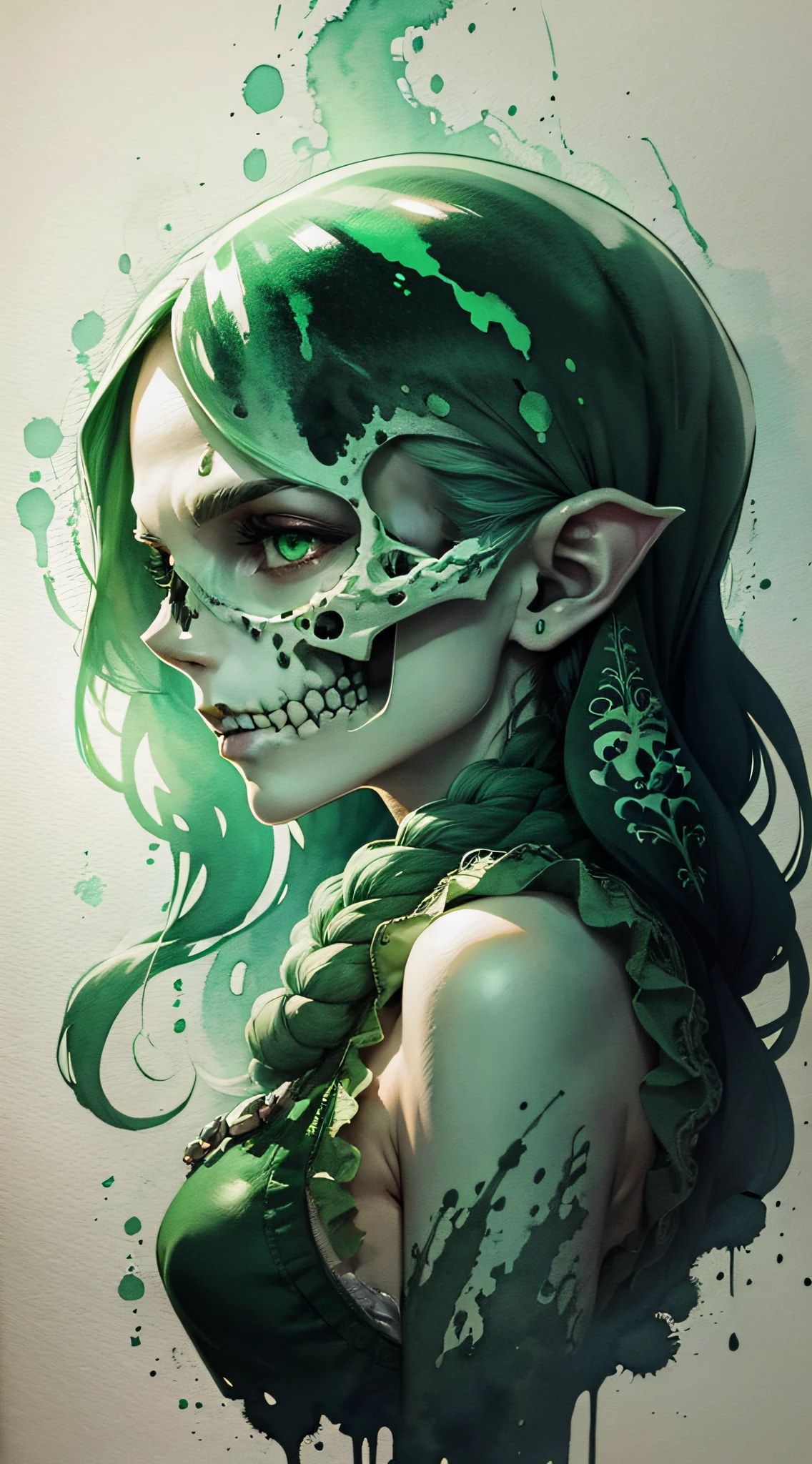 skull with green tentacles, seabed, gloomy, soft lighting, watercolor --auto --s2