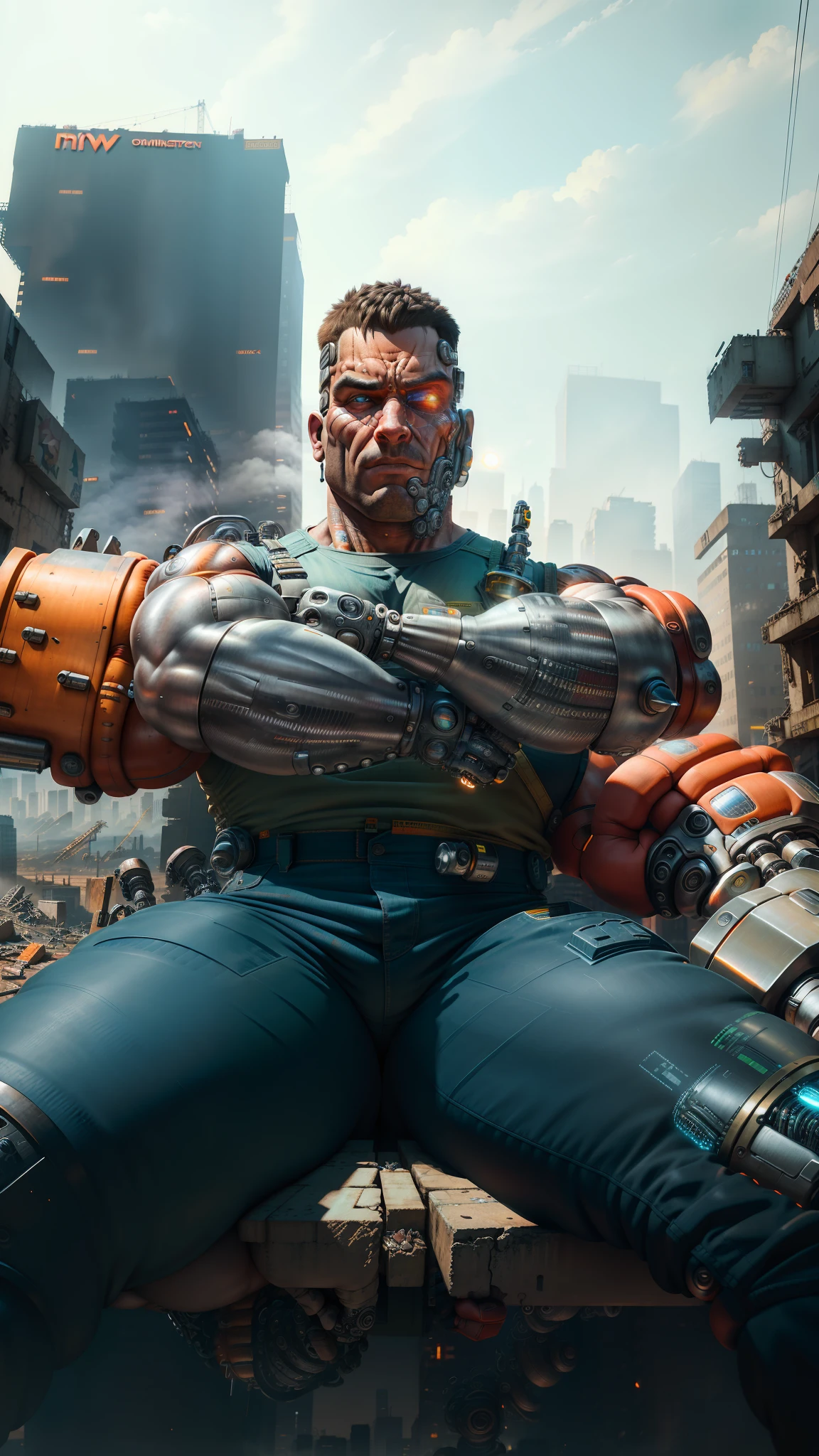 raw photograph, ultra detailed photrealistic, large heavy build male construction worker, wearing construction overalls, (cyborg arms:1.5), (human hands), background is a city block in ruins, vibrant details, luxurious cyberpunk, hyperrealistic, anatomical, elegant, 8k, best quality, masterpiece, extremely detailed, (realistic, photo-realistic:1.37), full body, standing