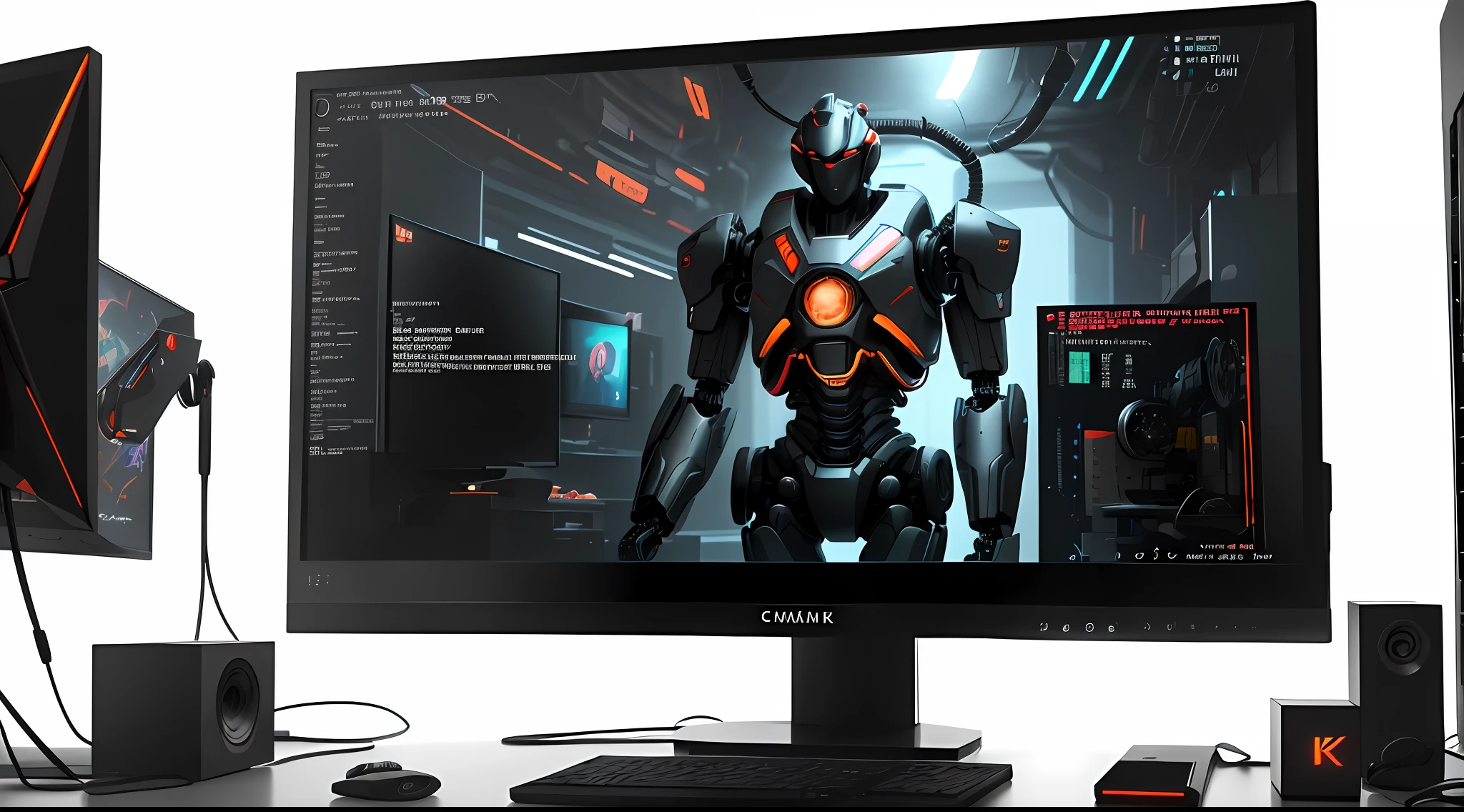there is a computer monitor with a picture of a robot on it, 8k computer render, wallpaper for monitor, 4k highly detailed digital art, computer game art, unreal enginedigital painting, gaming monitors. artstation, modular game dev art, 8k octae render photo, 8 k render, 8k render, 4k detailed digital art