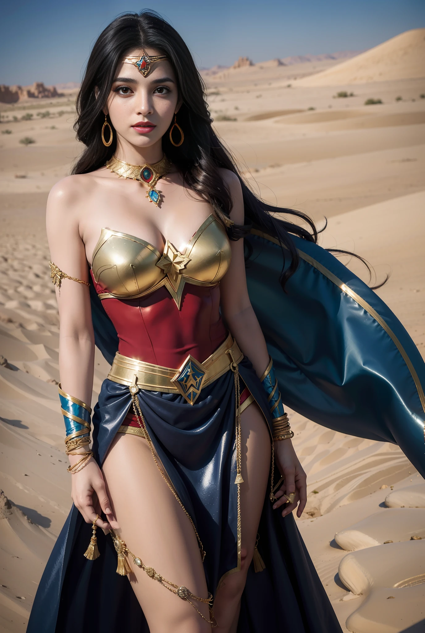 Portrait of a young Arab woman dressed With fantasy of wonder woman, seductive, extremely beautiful and attractive, Arabic version of wonder woman, in front of a city in the desert, long messy hair, rich colorful clothes and golden jewelry, fine fabrics, makeup big and detailed eyes, large eyelashes, golden rope wrapped around the waist, golden bracelets, royal pose and attitude.