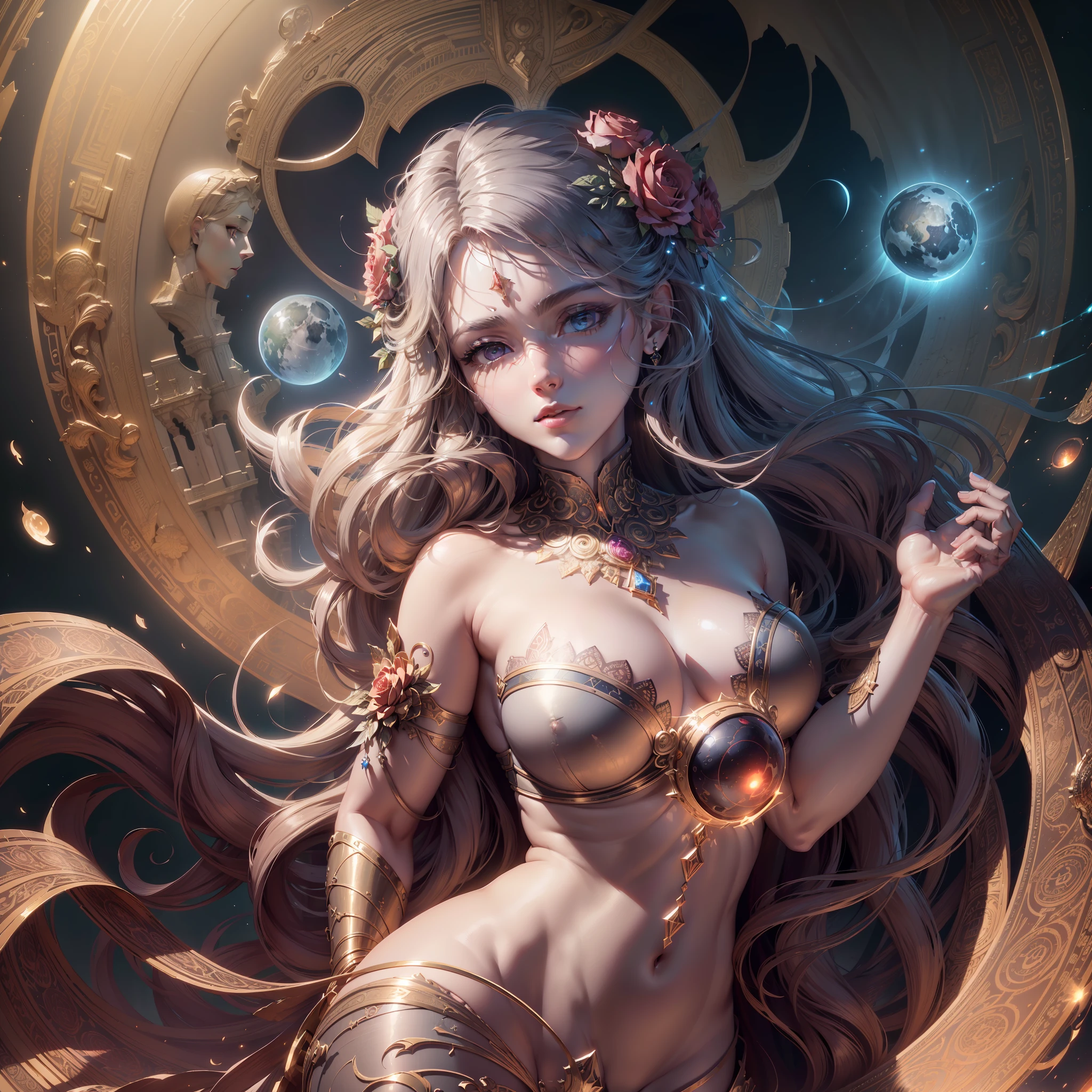 masterpiece, best quality, (extremely detailed unity 8k CG wallpaper), (best quality), (best illustration), (best shadow), absurdities, realistic lighting, night, darkness, giant, Goddess, Ancient Goddess, Aphrodite, deity, glorious pose, night, moon, red roses, holding a planet, beautiful detailed brightness, luminous background glow