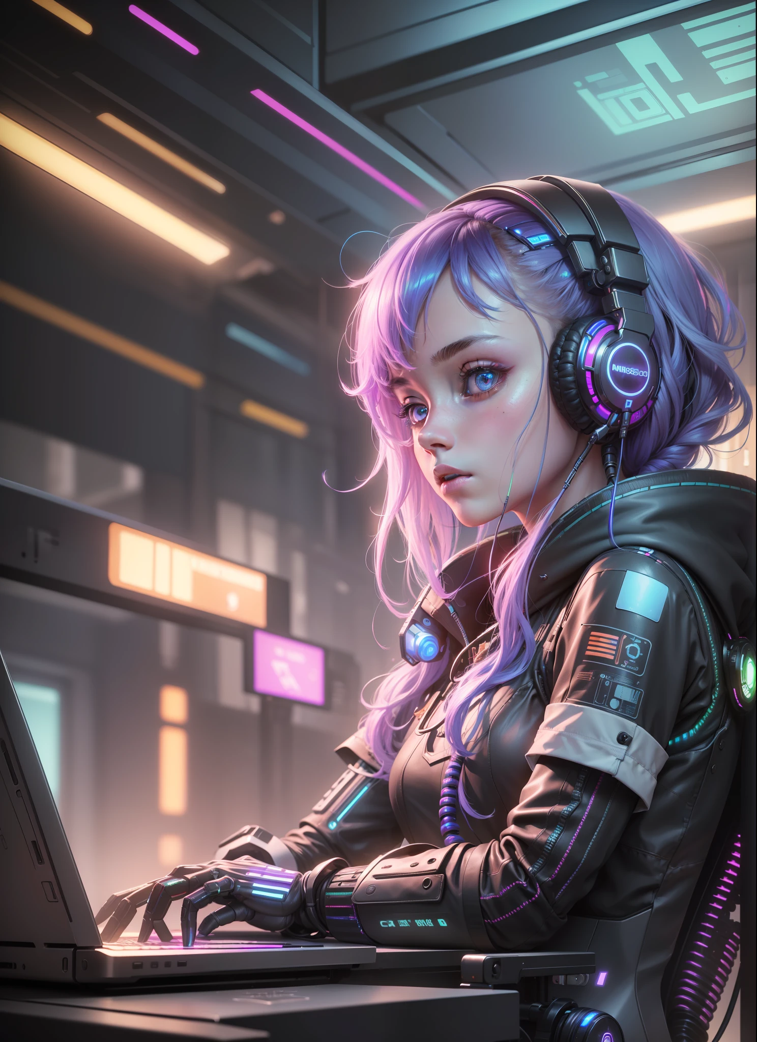 (masterpiece, best quality, highres, absurdres, detailed:1.2), 1girl, humanoid, robot, wearing headphones, looking away, (cyberpunk, computer parts, cables, wires, iridescent, holographic: 1.6), laptop