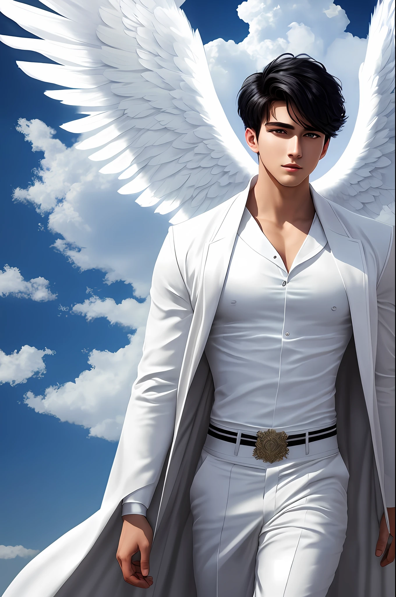 Handsome young man, teenager, masculine, super realistic, extremely detailed, masterpiece, 8k, short black hair, white robe, angelic white skirt, angelic pants, angel halo, big angel wings, blue pupils, white long sleeves, luminosity of the sky, realistic clouds