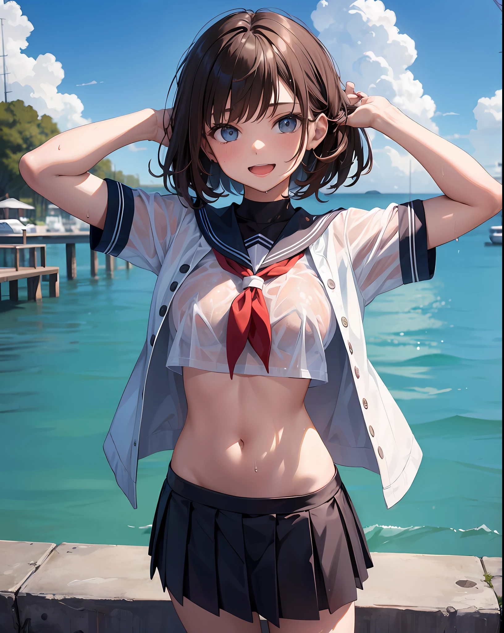 1ung_tegirl, loli, own_hair, medium_bob_hair, blue_midriff_baring_sailor_uniform, mini_skirt, short_sleeve, thighs, large_, angry, smile, open_mouth, standing, harbor_background, slightly_spread_legs, happy, NSFW, short_gloves, wet,transparent,covered_nipples, covered_crotch,