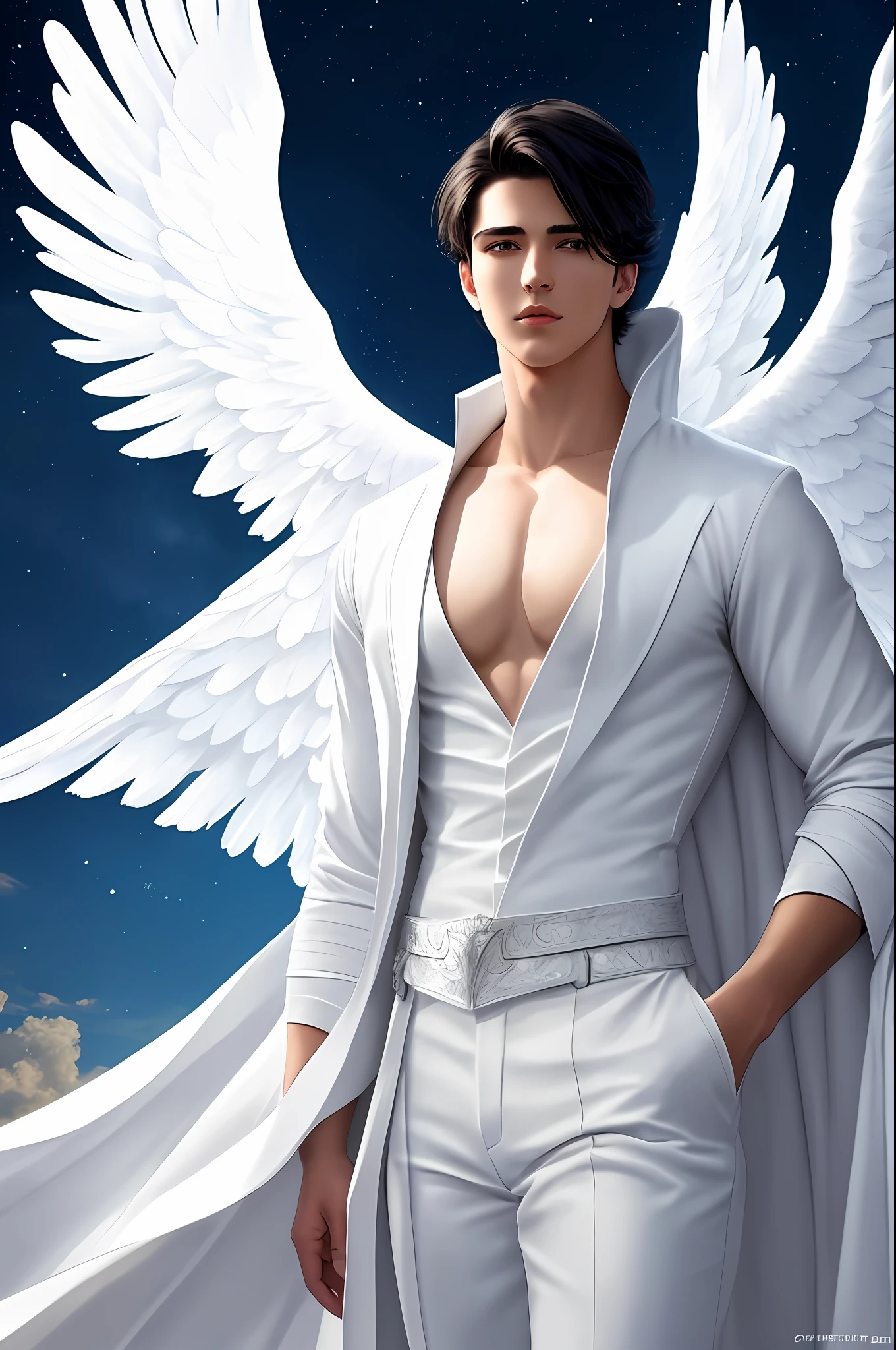 Handsome young man, teenager, masculine, super realistic, extremely detailed, masterpiece, 8k, short black hair, white robe, angelic white skirt, angelic pants, angel halo, big angel wings, blue pupils, white long sleeves, luminosity of the sky, realistic clouds
